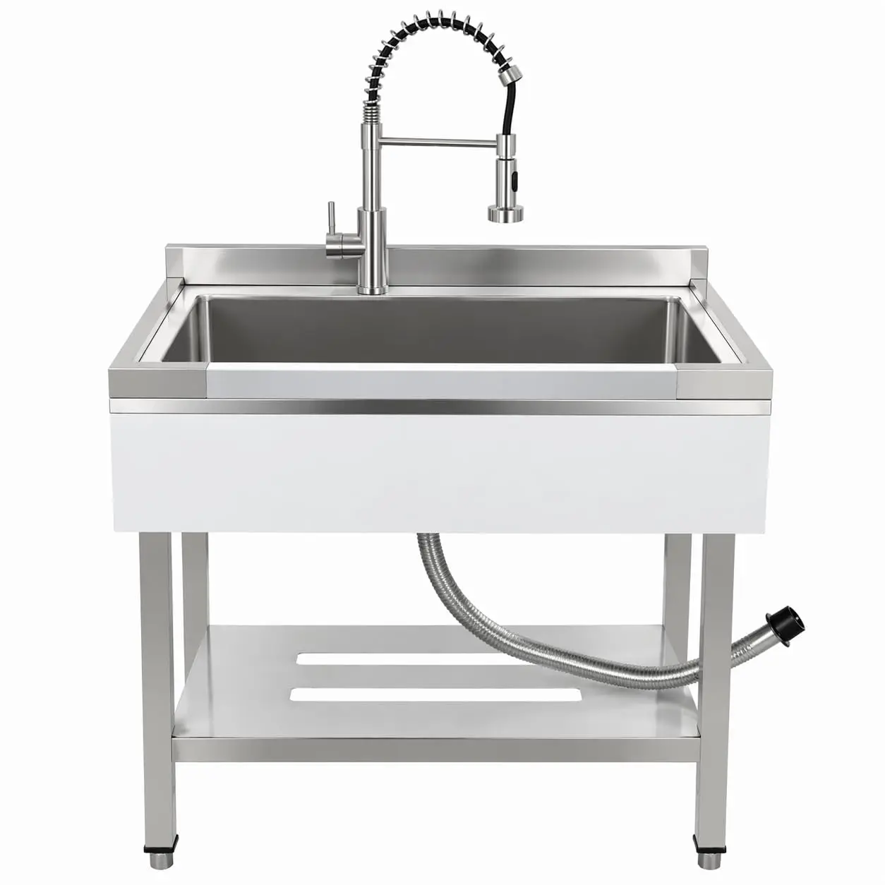 Hosslly Freestanding Stainless Steel Utility Basin - Large Single Bowl Commercial Prep Sink with Pull-Down/T-Shape Spring Faucet, Heavy-Duty Workbench, Extra-Deep Basin, Easy Installation for Restaurant Kitchen, Indoor Use