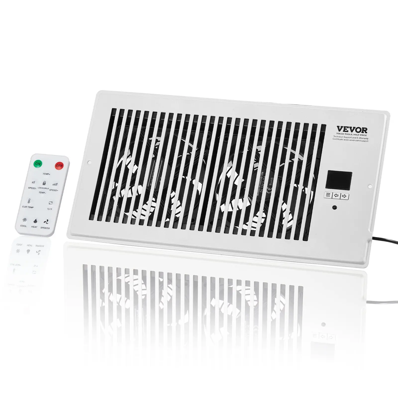 VEVOR DC Register Booster Fan, Quiet Aluminum Body, Energy-Efficient White Smart Vent Fits 6x12 Inch Holes, Remote & Thermostatic Control, Adjustable Speed, Heating-Cooling Boost, 12 ft, 2 Lbs/0.9 Kg, Single Unit with Installation Screws