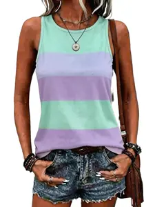 Women's Summer New Fashion Casual Round Neck Sleeveless Knitted Digital Print Colorful Wide Striped Vest, Leisure Commute Vacation Top