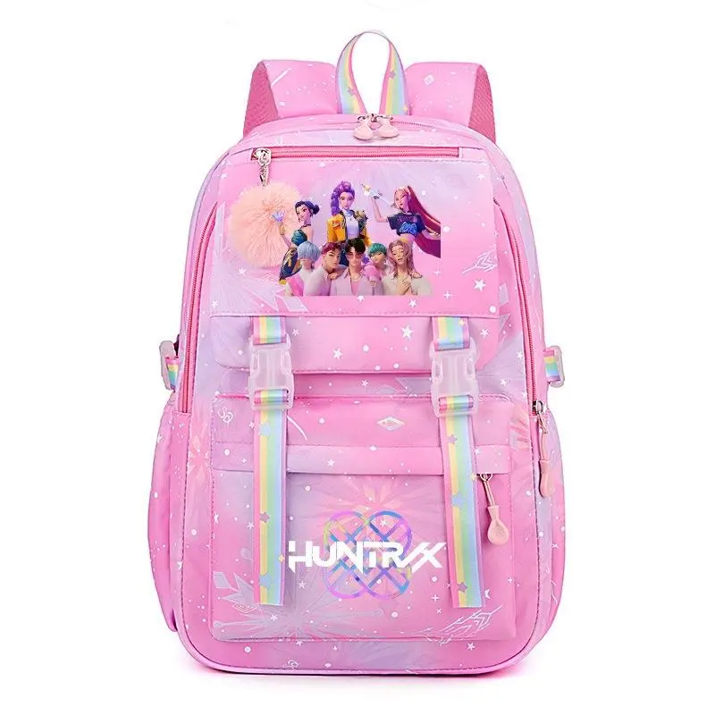 KPOP Cartoon Character Print Backpack for Teen Girls Young Women, Pink Star Gradient Large Capacity Student School Backpack, Lightweight Water Resistant Multi-Pocket Casual Daypack with Rainbow Ribbon Straps & Fluffy Pink Pom Pom Charm, Breathable #YEY