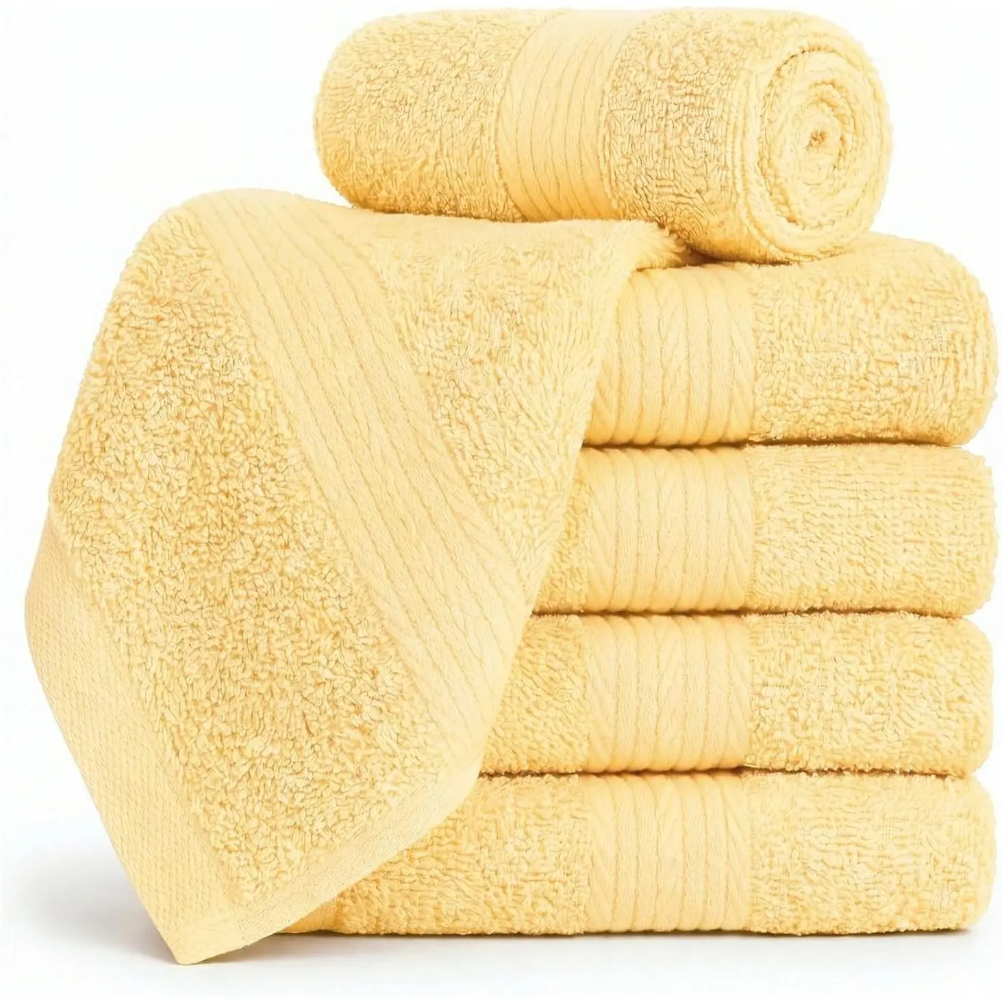100% Cotton Washcloths 12x12 Inches, 600 GSM, Soft & Absorbent, Durable, Set of 5, Yellow