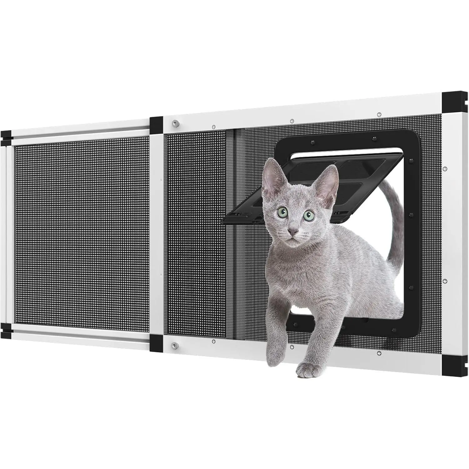 Ventilated Window Pet Door Insert, Fits 32"-38" Width Windows, 2-Min Install - Aluminum+Mesh Frame, Bug-Proof, Magnetic Close, Breathable, Stainless Steel Mesh for Cats