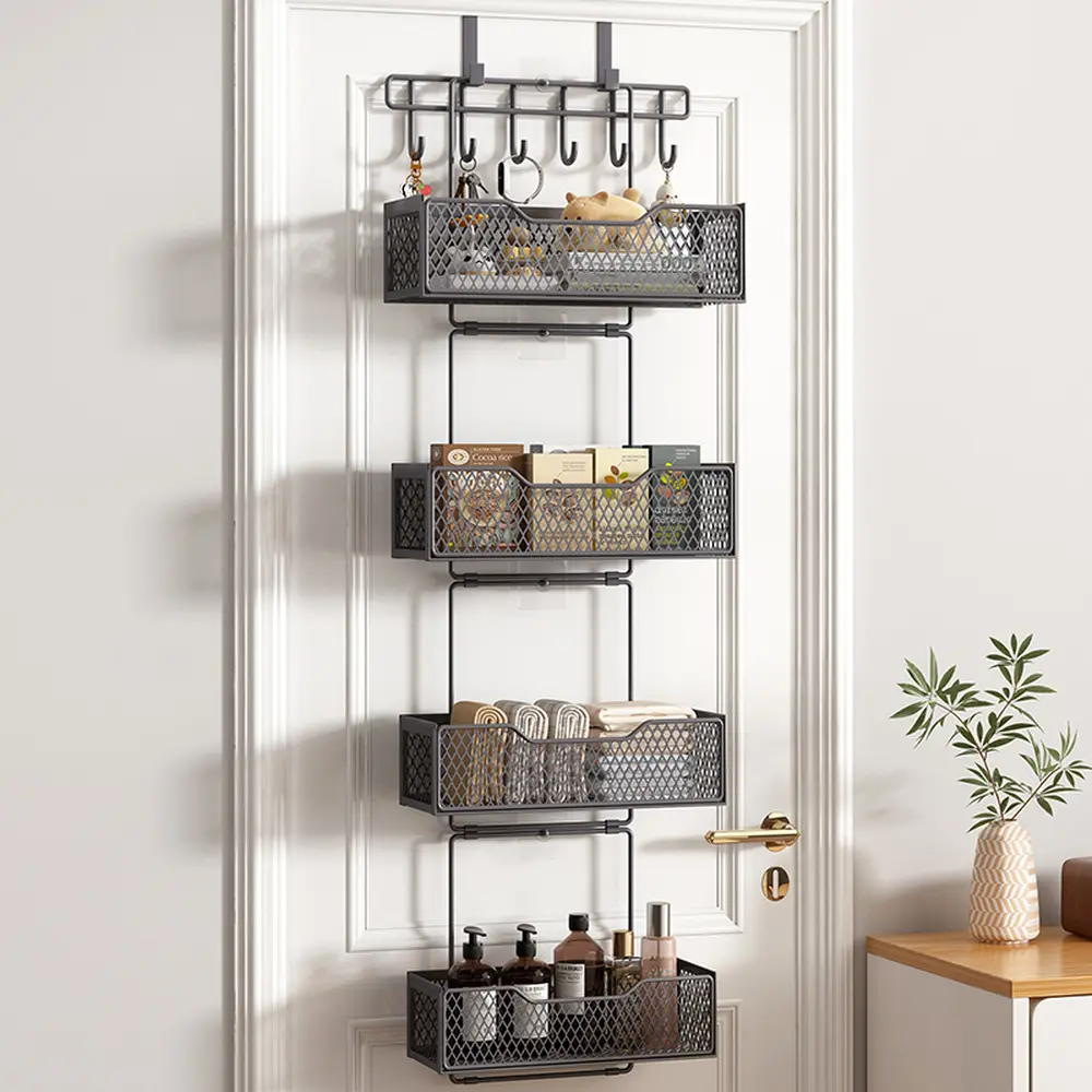Over The Door Organizer - Hanging Door Organizer with 4 Metal Large Capacity Baskets and  6 Coat Hook for Bathroom Bedroom Kitchen Pantry Closet Cabinet﻿