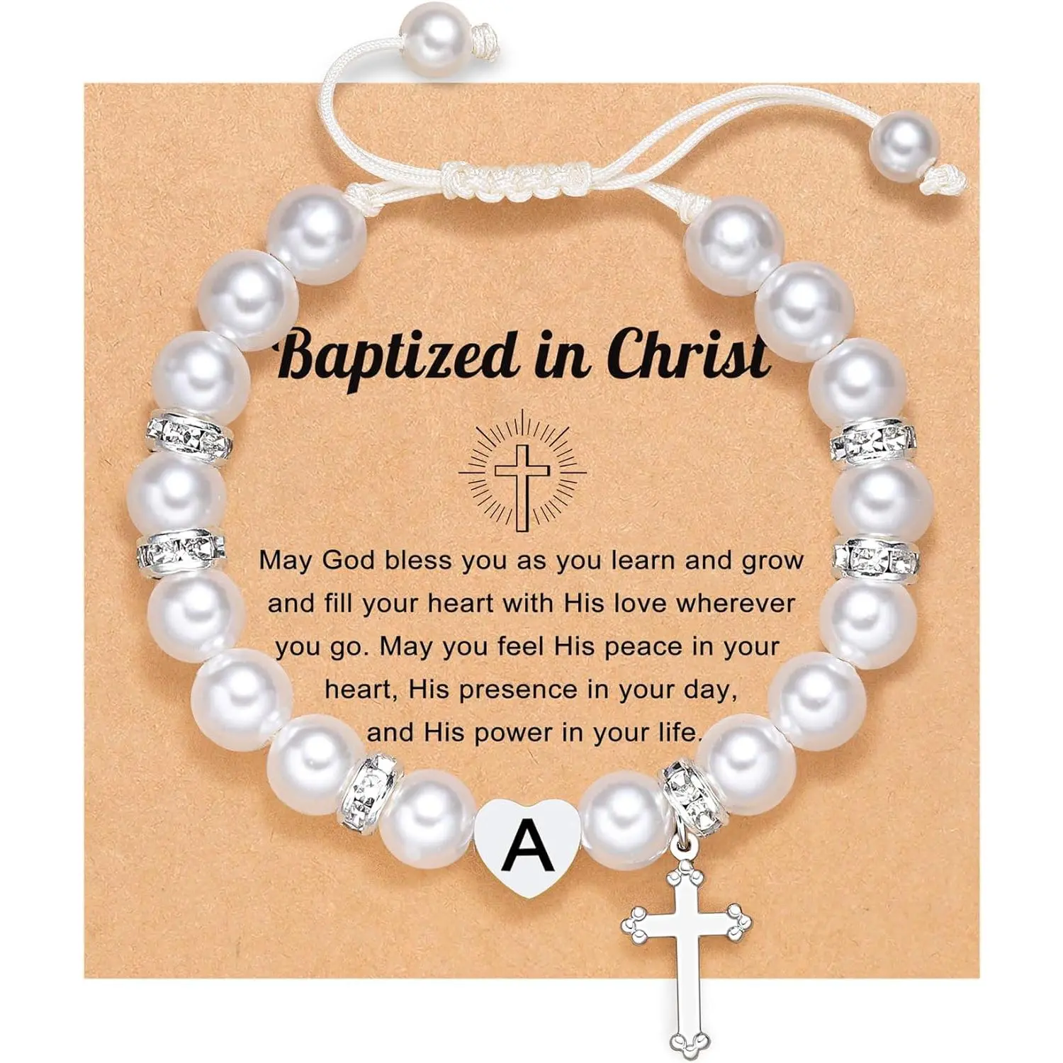 Christian Style Initial Heart Cross Charm Bracelet for Girls - 5.2"-9" Religious Crucifix Bracelets & Bangles, Spiritual Jewelry for Baptism First Communion Gifts