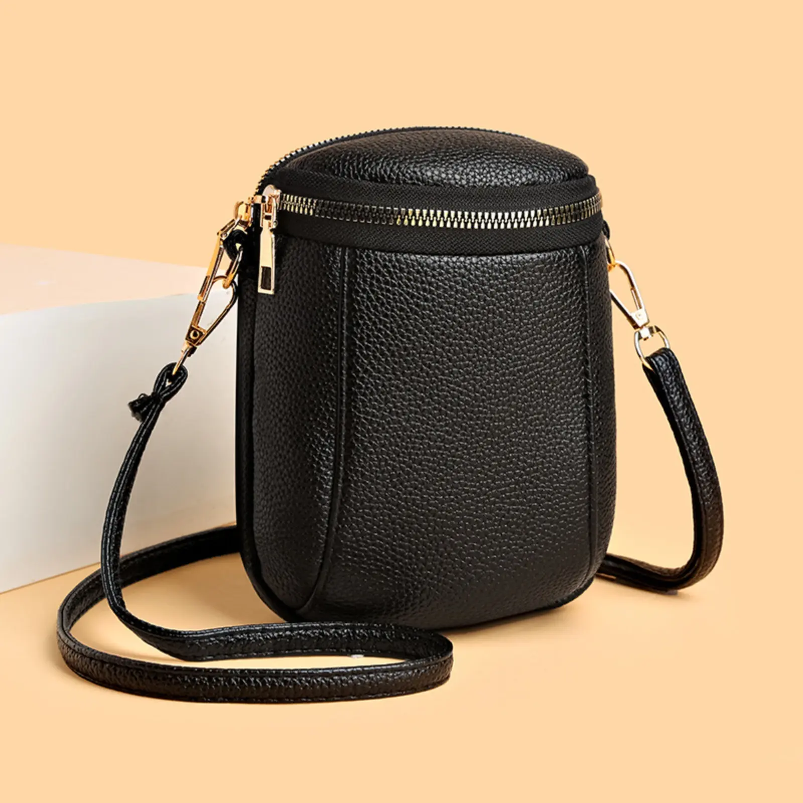 Women Mini Cell Phone Crossbody Bag Litchi Grain Leather Vertical Bucket Shoulder Purse Dual Metal Zipper Slim Adjustable Strap Phone Pouch Ladies Small Wallet Crossbody Handbag For Phone Cards Coins Lipstick Soft Wear-resistant Large Capacity Portable So