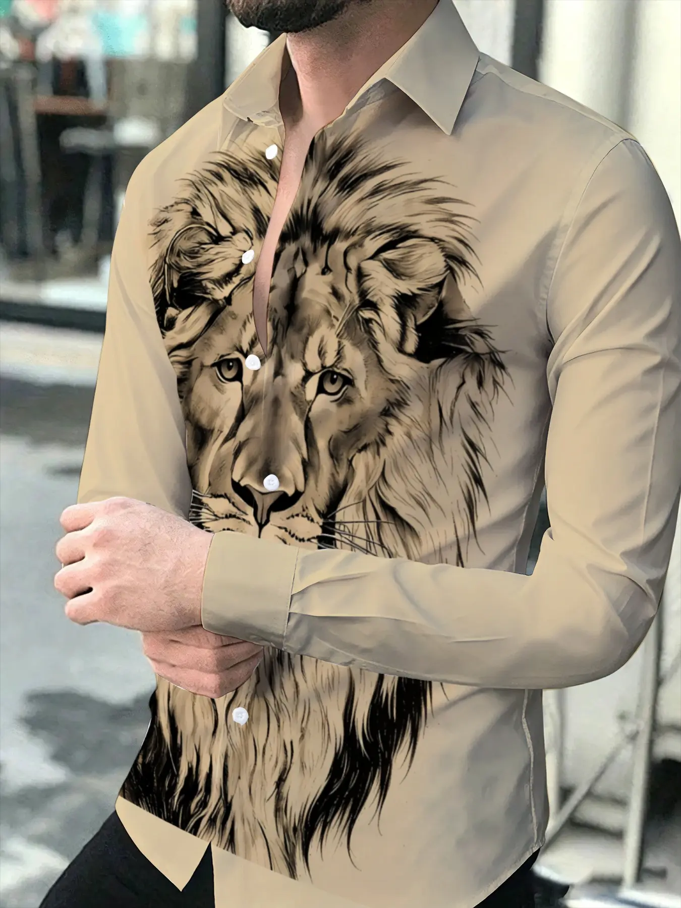 Men's Personality Lion Print Long Sleeve Shirt Business Casual Lapel Single-breasted Top Apricot Background Domineering Animal Pattern Daily Commuting Wear Printed Party Activewear for Everyday Wear