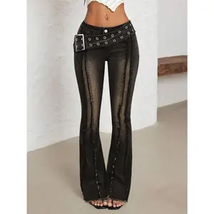 Women's Low Waist Flare Leg Jeans With Sun-Shaped Buckle And Eyelets, Black Denim Pants