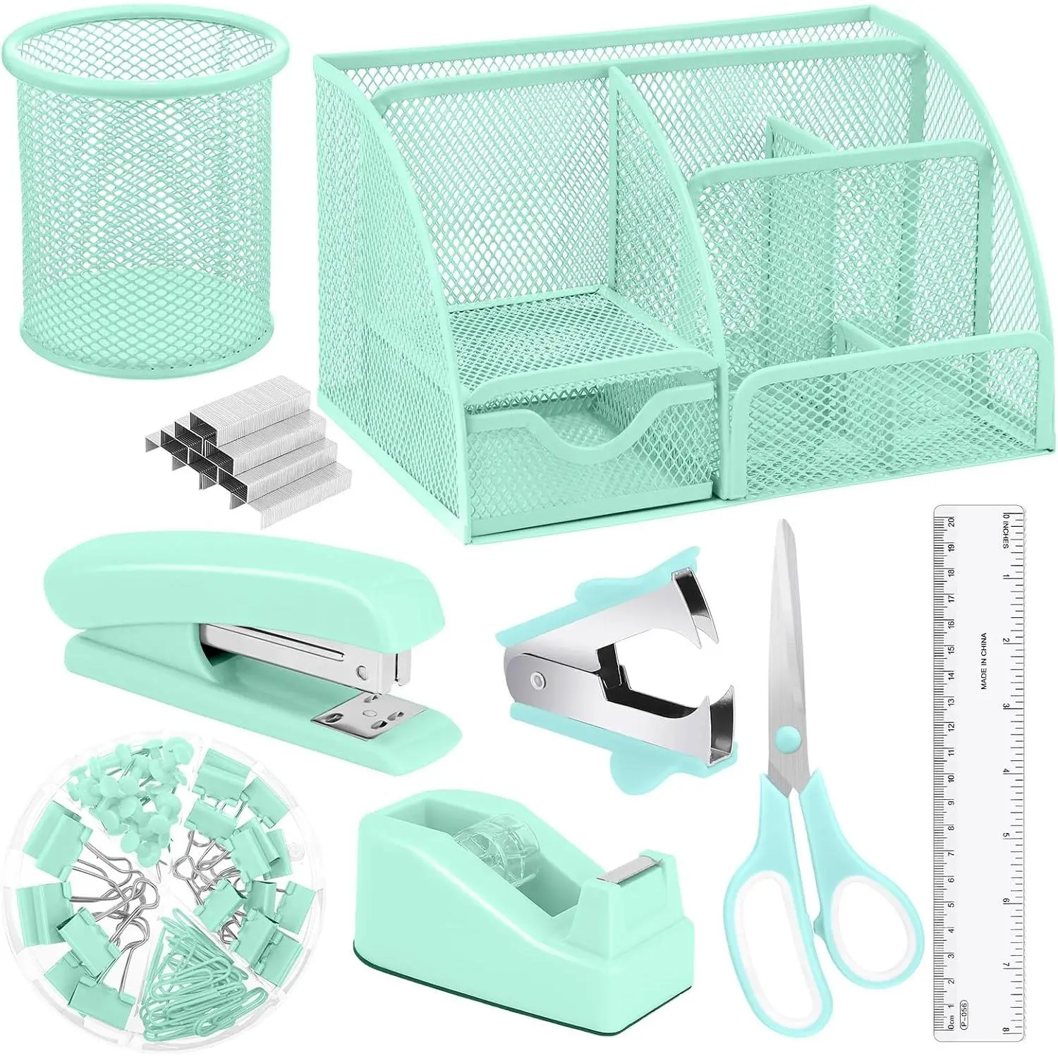 Green Desk Organizers and Accessories, Teal Office Supplies Set Green Mesh Desk Organizer, Stapler, Tape Dispenser, 1000 , Staple Remover, Pen Holder, Clips Set, Ruler,