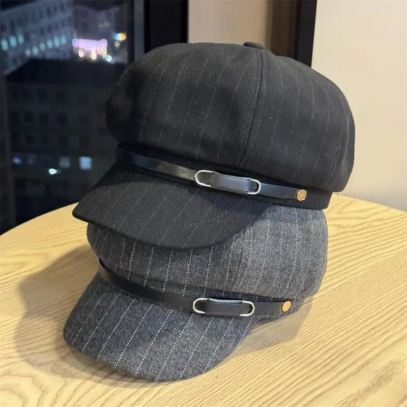 Women's Unisex Cotton Fabric Elegant Pinstripe British Flat Top Newsboy Cap - Retro Baker Boy Style, Leather Strap with Metal Buckle, Autumn Winter Casual Headwear, Grey, Black