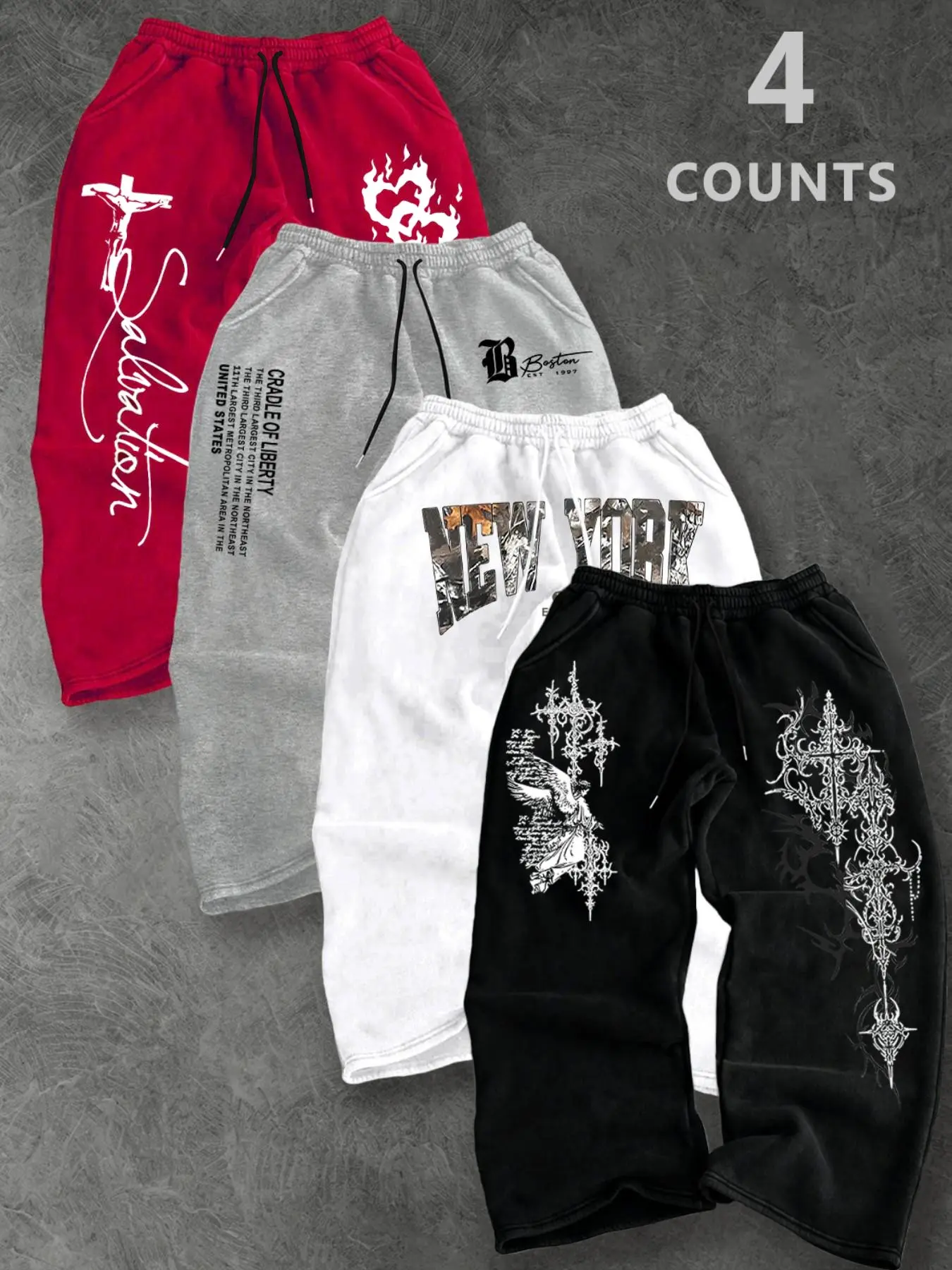 Men's Loose Letter Cross Art Pattern Drawstring Sports Pants, Adjustable Waist, Outdoor Versatile Long Pants, Straight Leg Casual Pants, Casual Sporty Pants, Athletic Casual Pants, Graphic Track Pants, Knitted Sports Pants