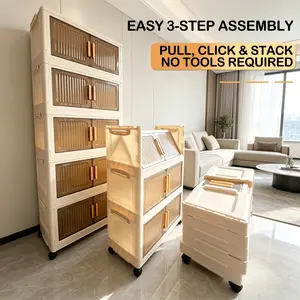 Extra Large 2/4/5 Tier Foldable Stackable Storage Cabinet with Wheels & Lids, Space Saving Lidded Storage Bins Organizer for Entrance, Corridor, Bedroom, Wardrobe, Office, Ideal for Storing Books, Clothes, Shoes
