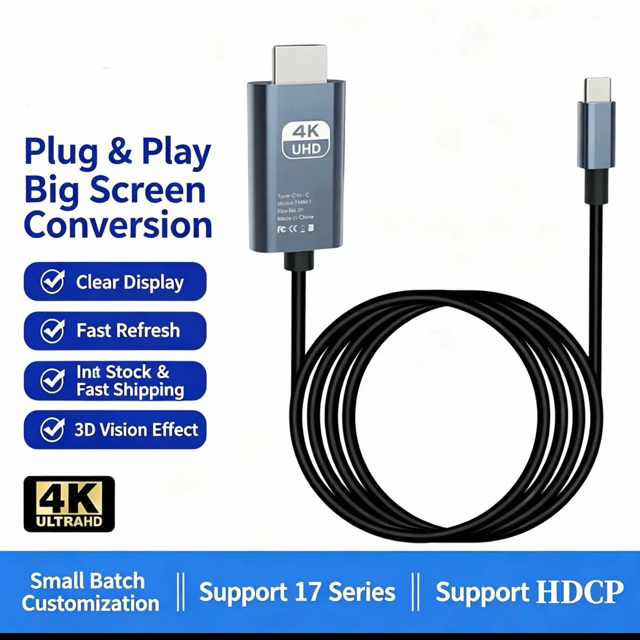 HDMI Adapter USB Type C Mh Hl Cable, 3840x2160 Pixel High-Definition Video Converter, Compatible with Hp, Macbook, Samsung, Android Phones