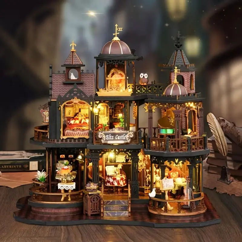 Three-layer Gothic-style DIY cottage handmade 3D model, bookend 3D puzzle, 3D desktop retro fantasy castle decoration, DIY cottage toy, creative room gift, suitable for Christmas/Easter/Valentine's Day/birthday gifts (without batteries and glue).