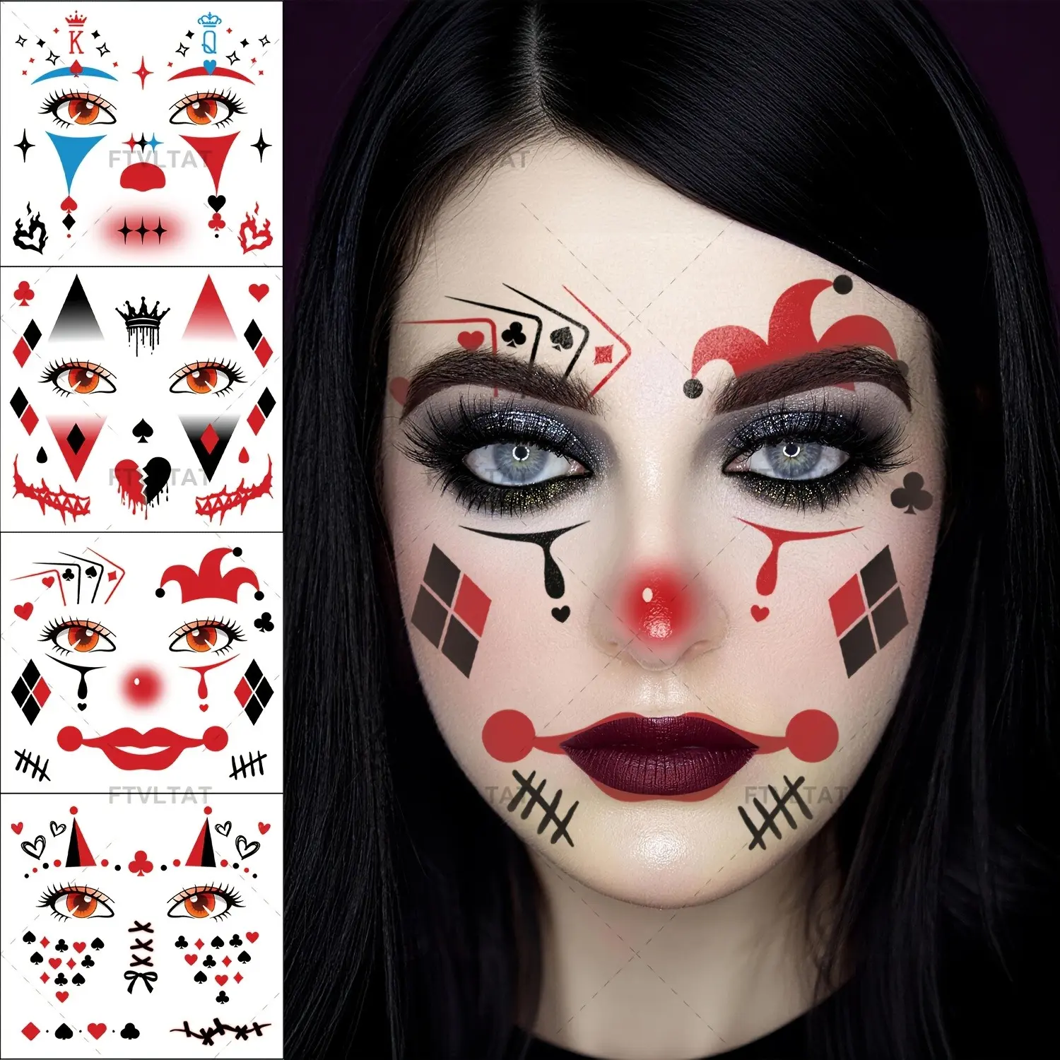 4 Sheets Gothic Jester Clown Face Temporary Tattoos Waterproof Horror Body Stickers For Adult Halloween Costume Party Carnival Cosplay Day Of The Dead Facial Arm Makeup Decor Festival Party Skin Decoration Supplies