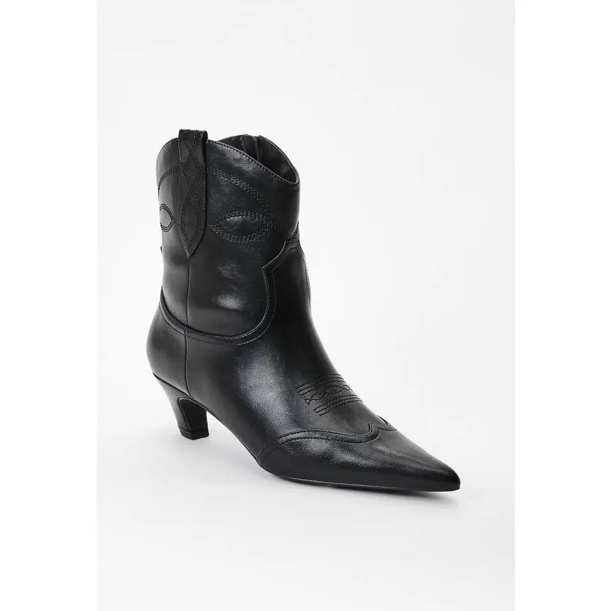 JUST FAB Women's Eco Leather Western Ankle Boots  1.75" Kitten Heel Pointed Toe Embroidered Cowboy Booties with Side Zipper