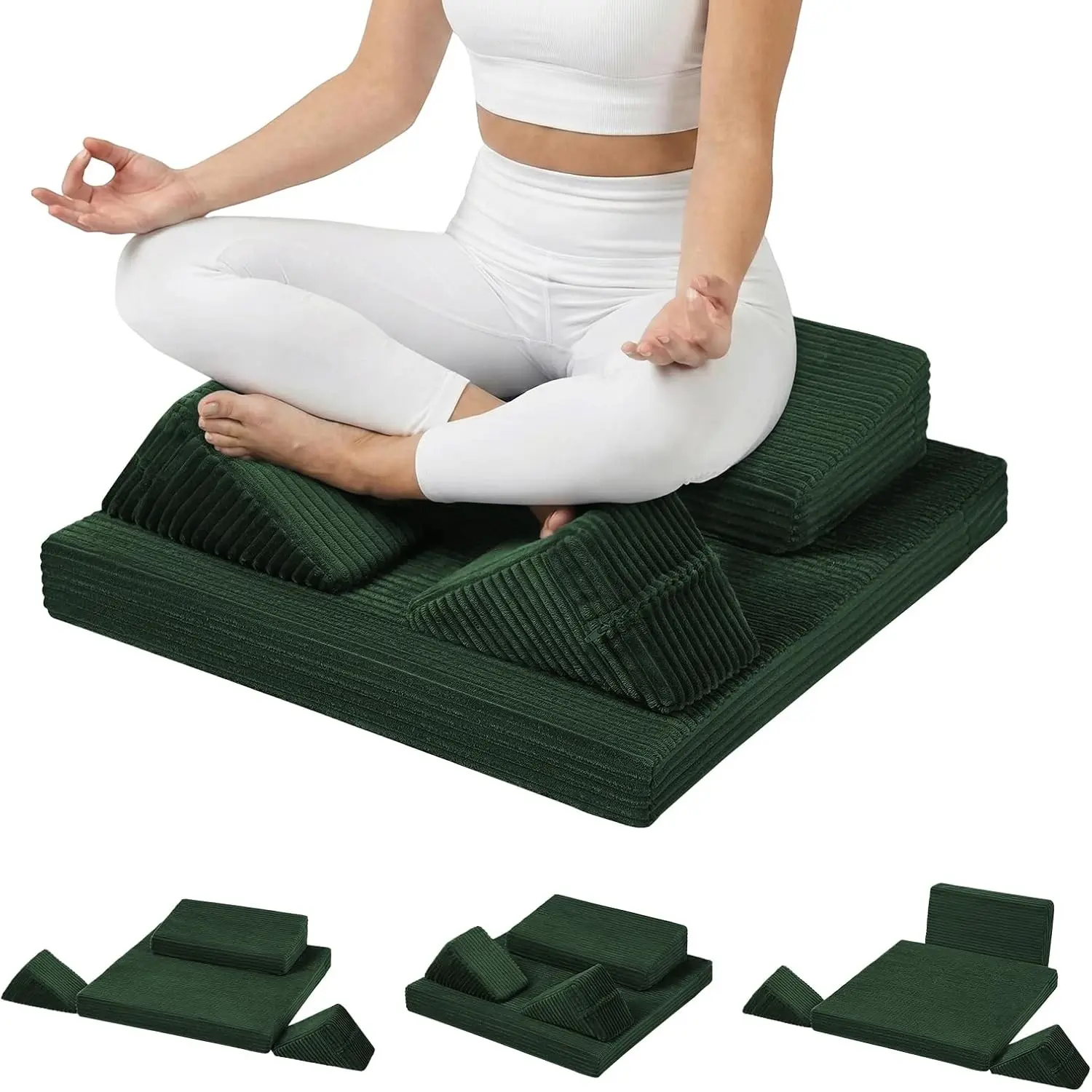 Meditation Cushion, Meditation Mat with Knee Support, Green | Large Washable Meditation Pillow for Sitting on Floor, Yoga Pillow with 2 Knee Cushions for Comfortable Sitting, 24x24in