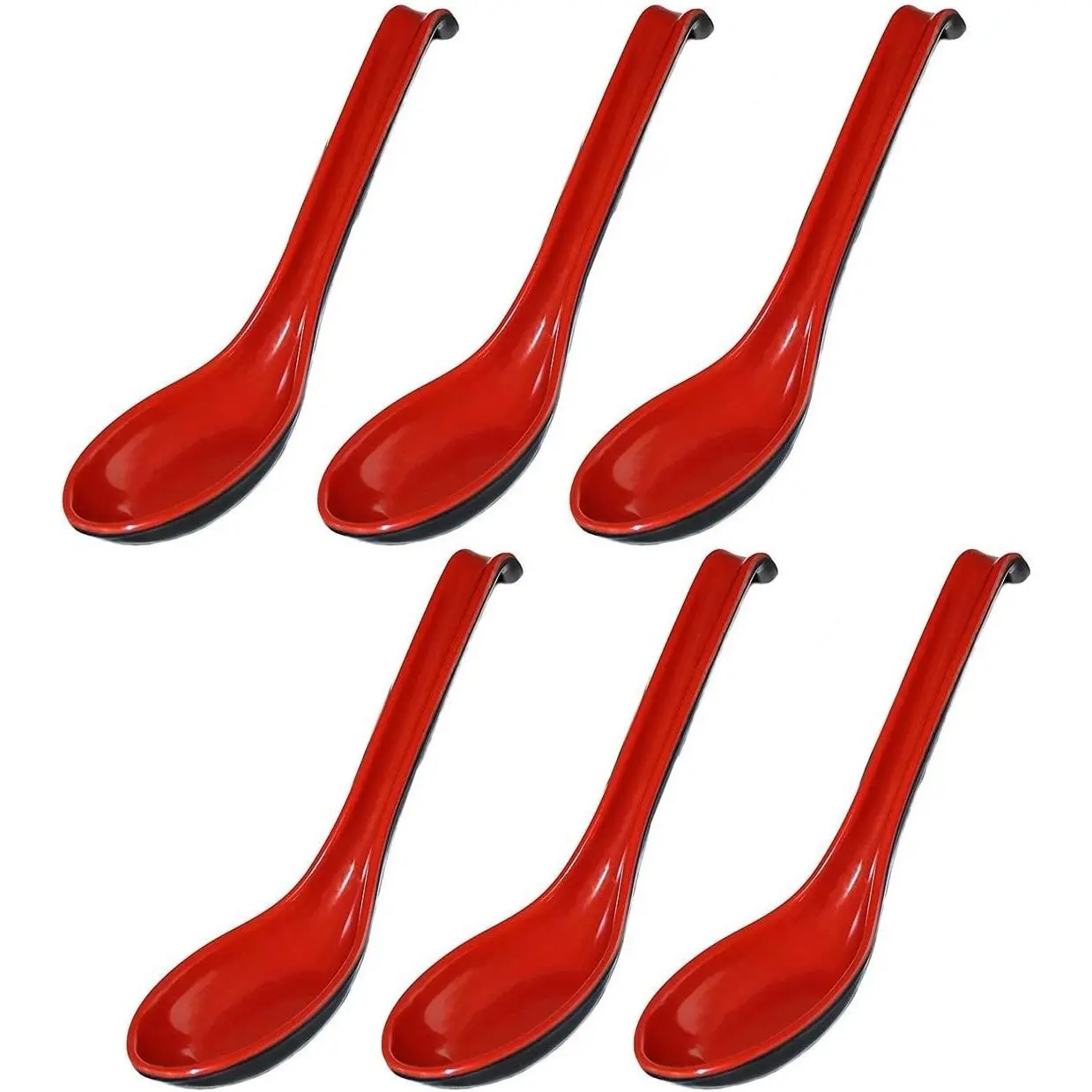 Happy Sales Melamine Soba, Rice Spoons, Chinese Won Ton Soup Spoon, Asian Red and Black, 6 Pack Ladle Style