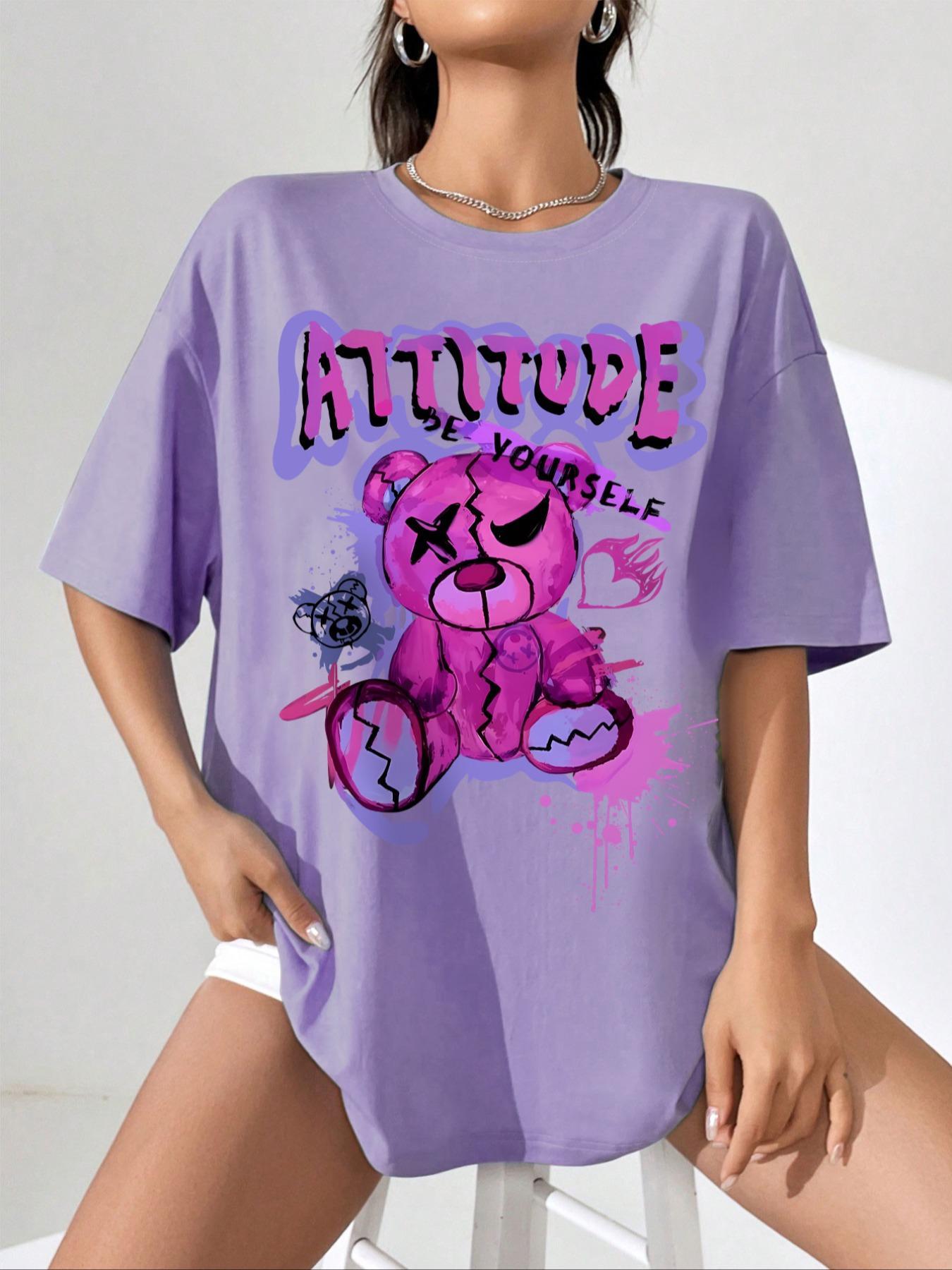 Cartoon Graphic Print Drop Shoulder Tee, Summer Casual Funny Letter Print Crew Neck T-shirt for Daily Holiday Vacation Outdoor Wear, Women Tops for Summer