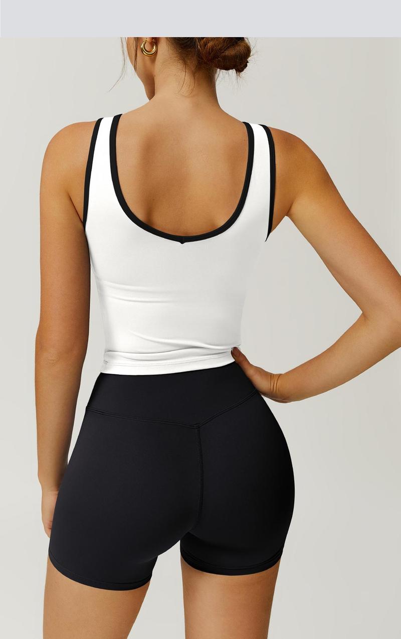 2 piece set women's patchwork high elasticity soft U-neck wide shoulder strap vest cross waist shorts yoga suit set for all seasons running, cycling, hiking, walking fashion set gym sports training Workout Running Clothes versatile vest shorts