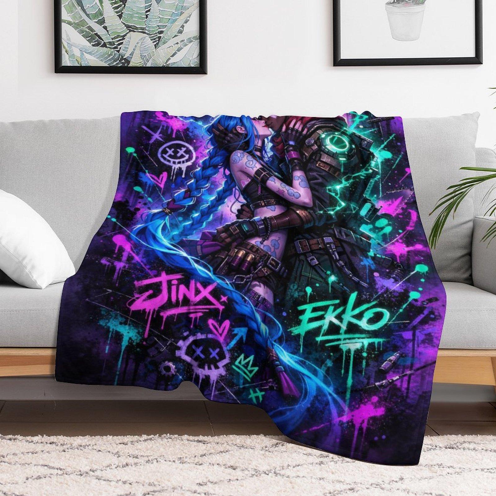 Jinx & Ekko "Neon Graffiti" Couple's Blanket | *Arcane* Anime Epic Flannel Throw Blanket