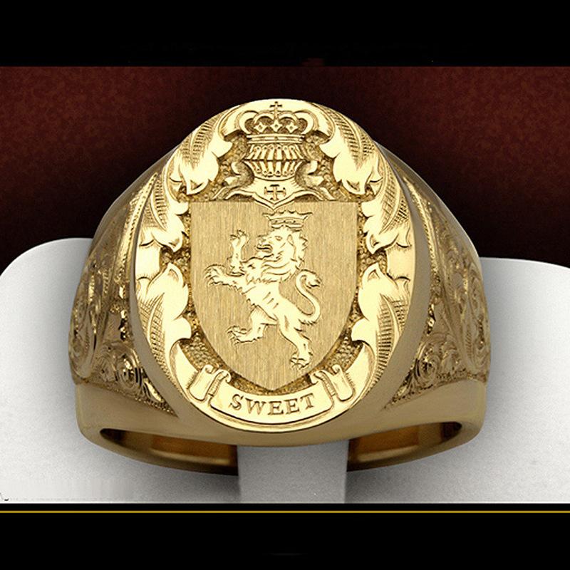 Vintage Crown Lion Shield Crest Ring | European Gold Plated Royal Signet Men's Ring