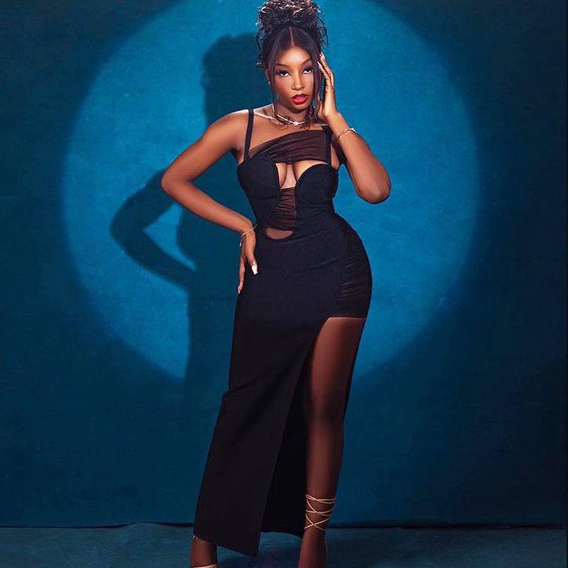 Sexy hollow dress with mesh splicing, mid-length slit bodycon skirt, solid color pullover dress, evening gown