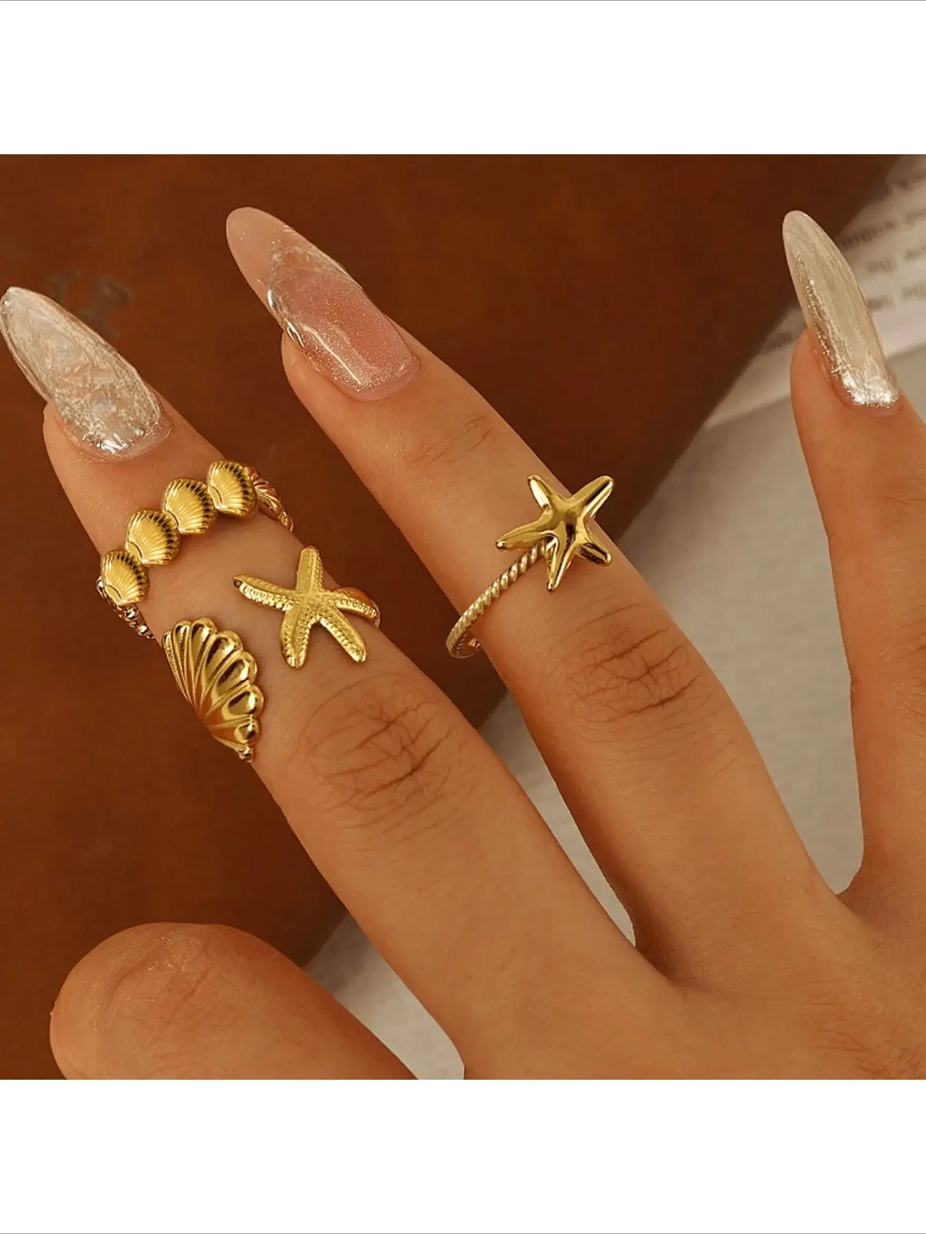 Hot Selling European American Fashion Starfish Shell Open Ring Jewelry Set Advanced Sense Niche Design Irregular Ring