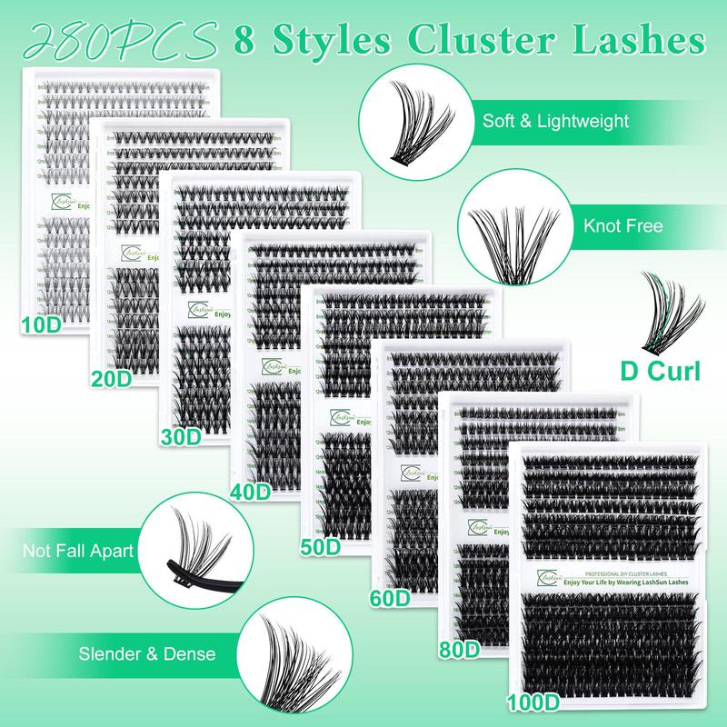 280pcs D Curl Lashes Kit, Mix 8-16mm Mega Volume Individual Lashes Soft And Comfortable False Eyelashes Eyelash Extensions Wispy Lashes Cluster Lash Kit Comes with Bond&Seal and Lash Applicator For DIY At Home, Beginner friendly, Wispy Eyelash Clusters