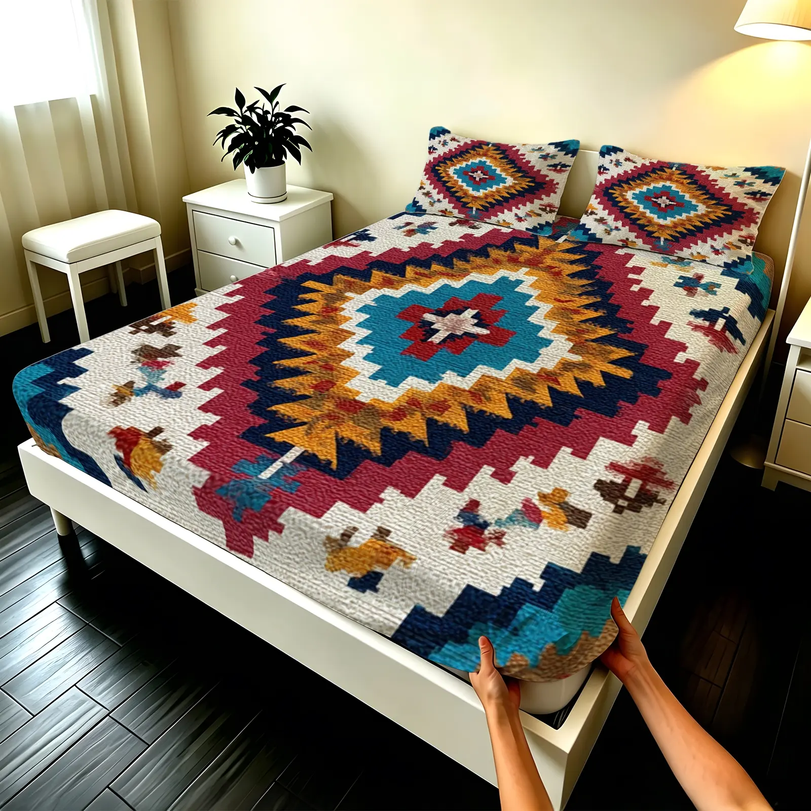 3pcs Fitted sheet Bedding Sheets Southwestern Aztec Boho Pattern Bedding Set, Soft Microfiber Wrinkle Resistant Fade Proof Breathable Comfortable Bed Set with 2 Pillow Shams, Fit Twin Full Queen King California King Size for Bedroom Home Hotel