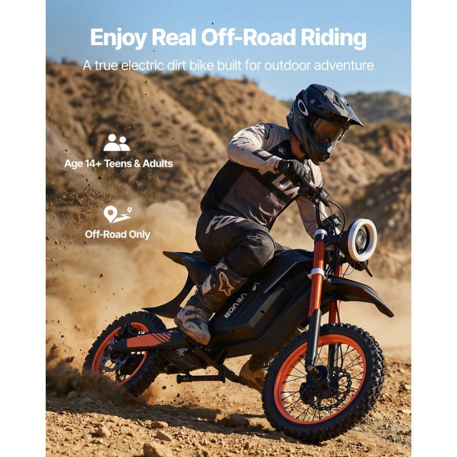 VEVOR Electric Dirt Bike for Teens Adults, 2000W Motor, 31 MPH Speed, 31 Miles Max Range, 48V 22.5Ah Battery, Off-Road Motorcycle with Light, Display, Dual Suspension Hydraulic Brakes for Age 14+