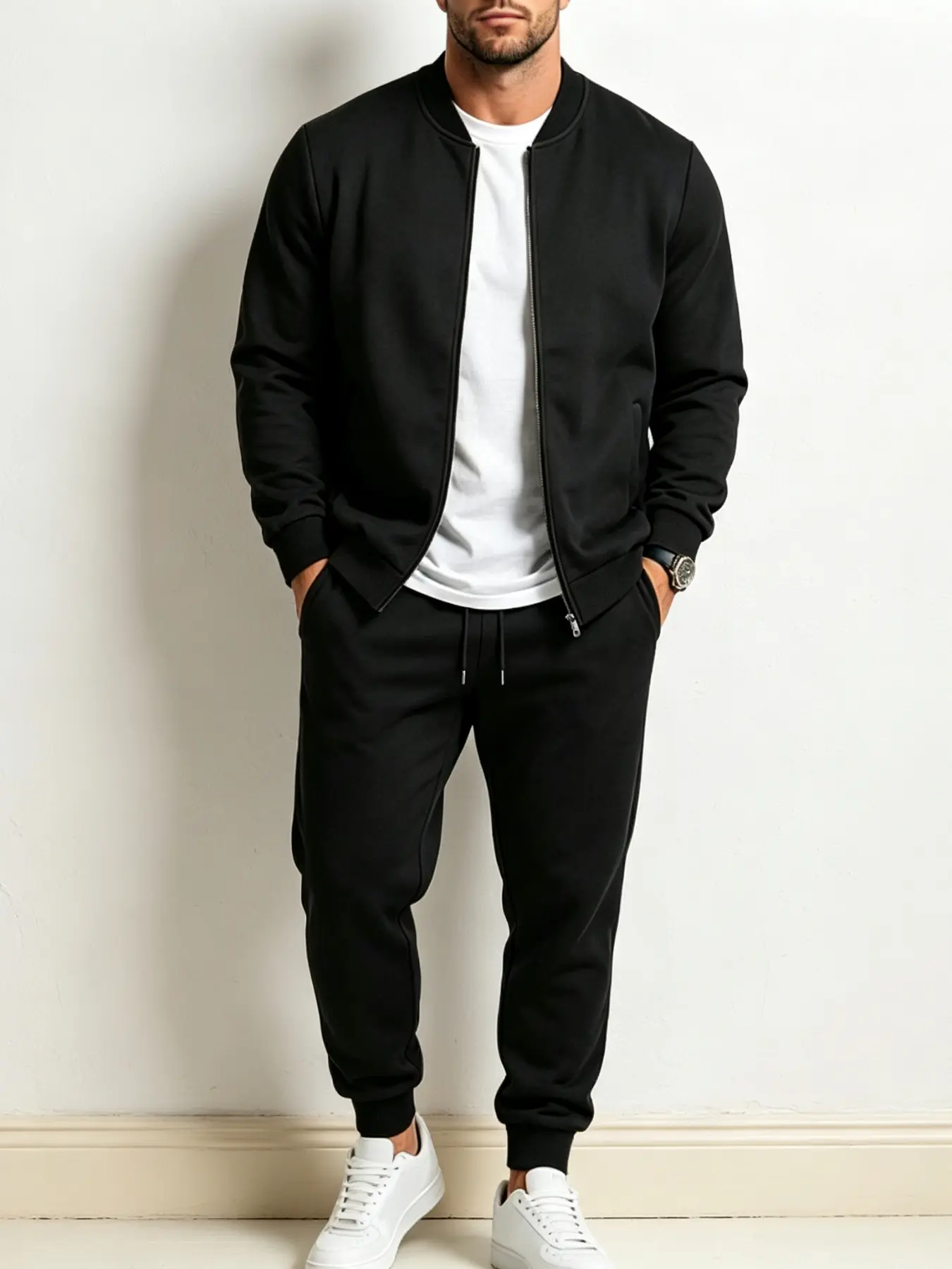 Men's Bomber Jacket 2-Piece Sports Tracksuit, Full Zip Baseball Jacket with Side Pockets & Elastic Drawstring Cuffed Jogger Sweatpants, Soft Skin-Friendly Loose Daily Casual Commute Loungewear Set, Multiple Colors & Plus Sizes In Stock S-3XL