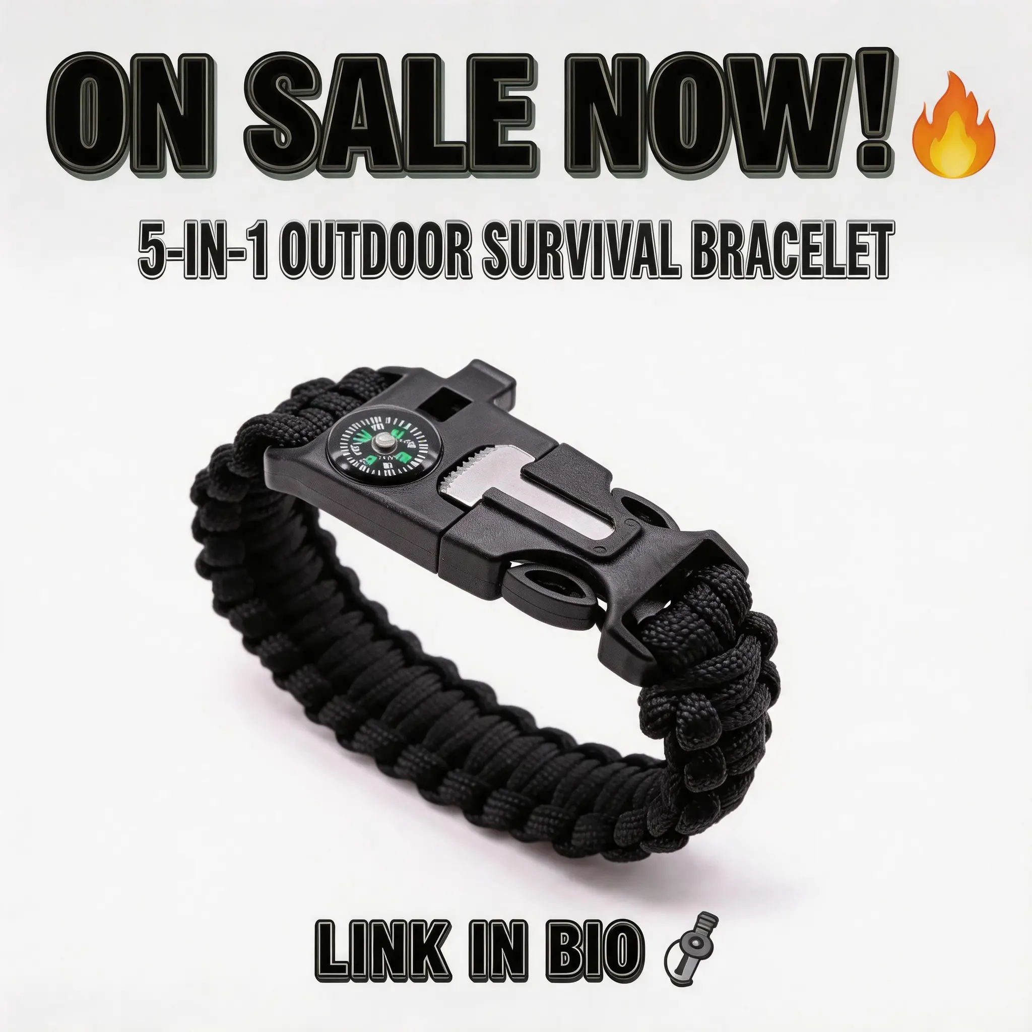 Survival Bracelet Paracord Rope with Compass Metal Double Buckle Outdoor Tactical Emergency Gear for Hiking Camping Adventure