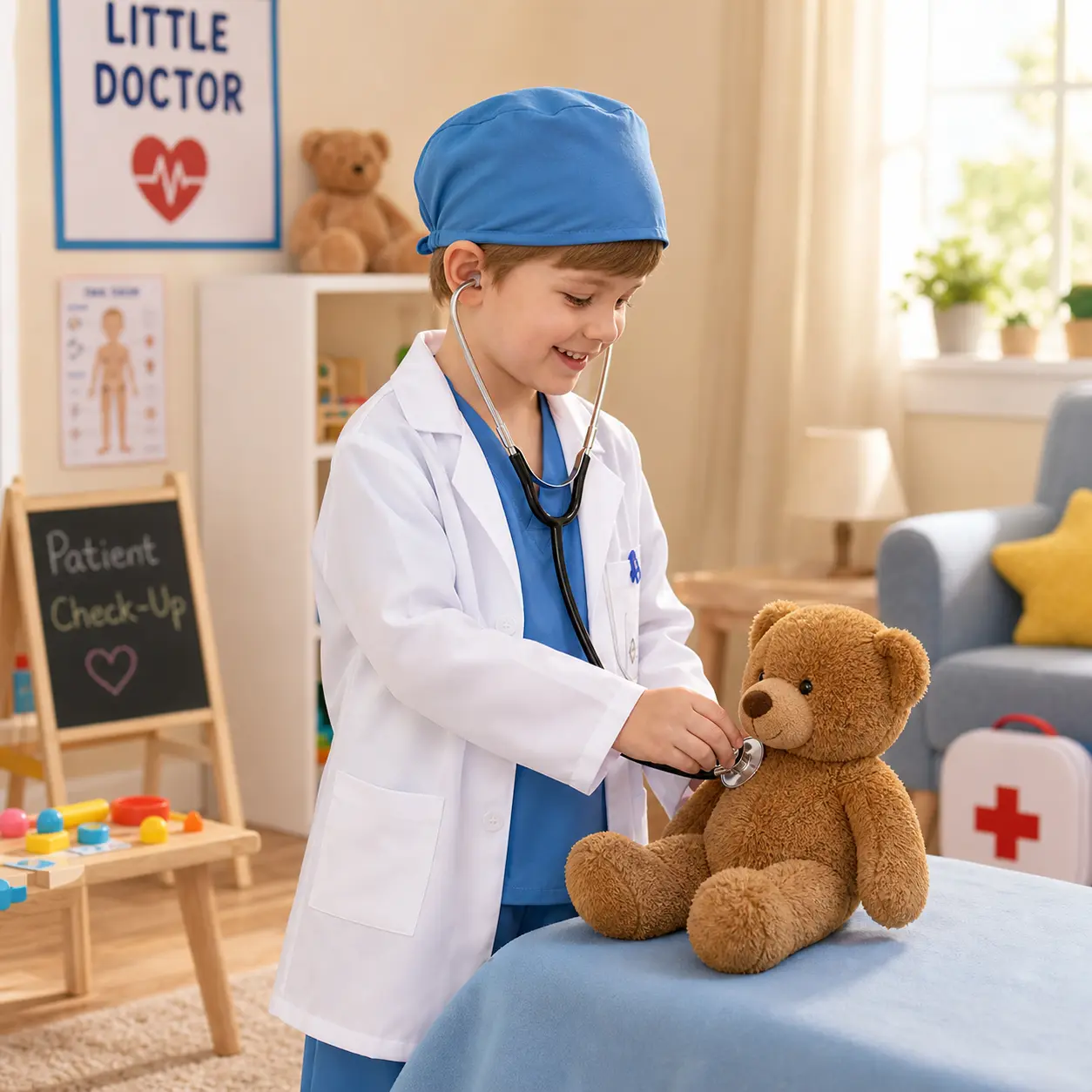 Kids Doctor Pretend Play Costume Set - 3-8 Years Toddler Surgeon Scrubs with White Lab Coat, Stethoscope, School Career Day Dress Up Kit for Boys/Girls (Blue, Pink, Green)