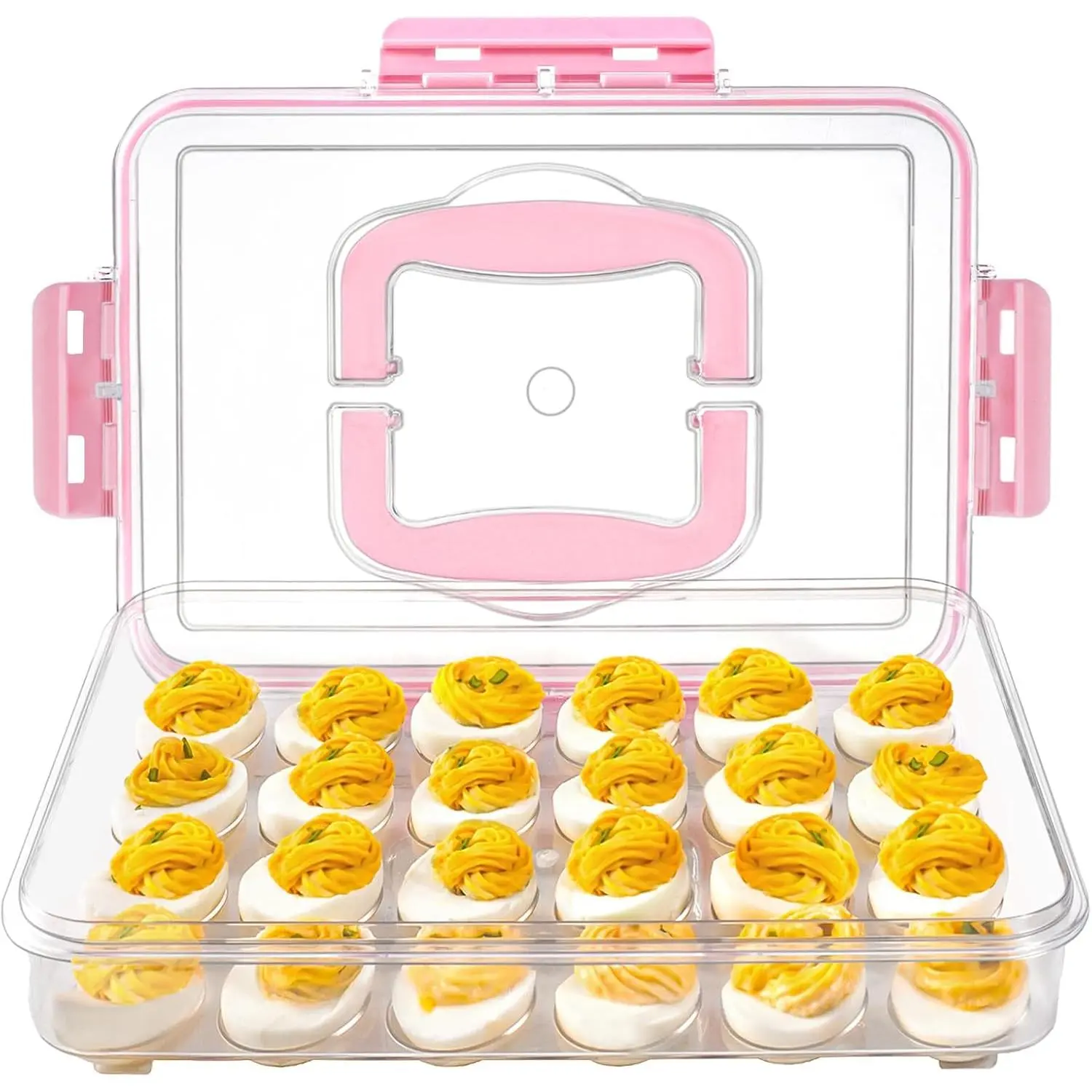 1 Pack Deviled Egg Containers with Lid and Durable Handle | Clear Plastic Deviled Egg Carrier Storage 24 Eggs, Stackable Egg Holder for Fridge, Portable Tray Platter for Party -