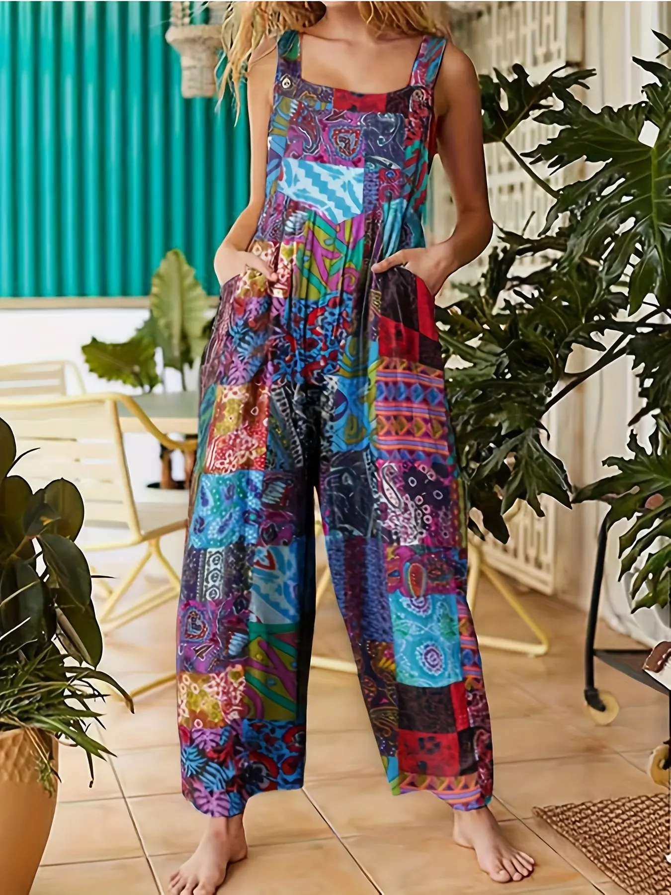 New Boho Ethnic Style Rompers Overalls for Women, Colorful Patchwork Floral Print, Adjustable Metal Buckle Straps, High Waist Loose Fit Wide Leg, Vacation Casual Long Pants