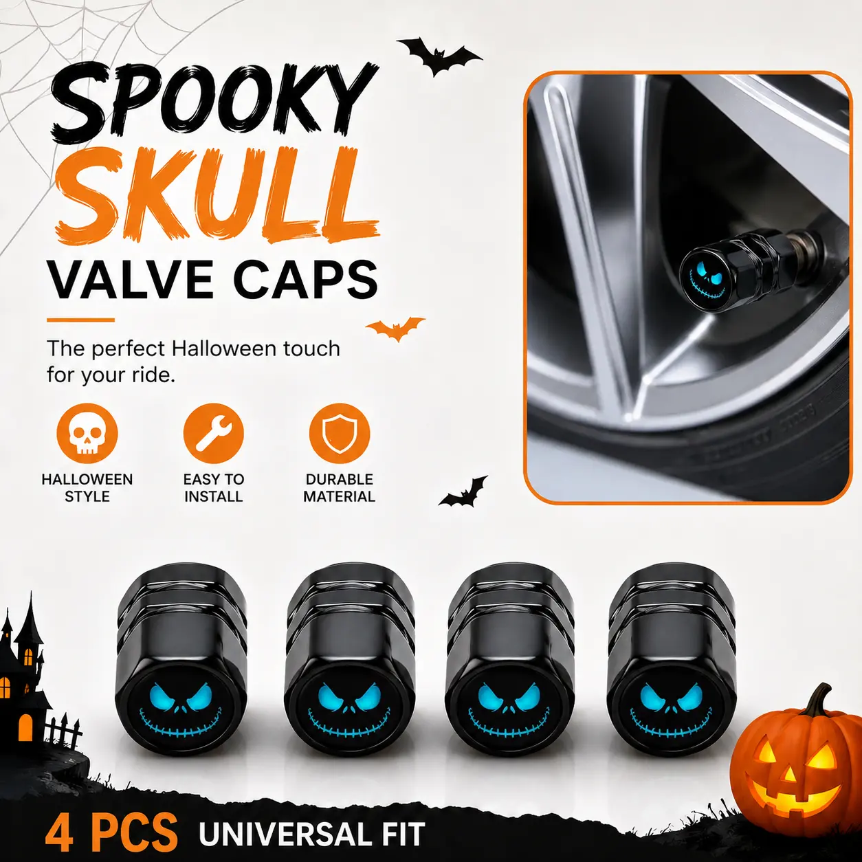 Anti‑Theft Skull Tire Valve Caps 4‑Pack, Spooky Halloween Car Wheel Decor Covers, Corrosion Resistant Secure Tire Core Caps, For Car Suv Truck Owners, Halloween Auto Exterior Accessories Trendy Vehicle Tire Stem Protector-YY0
