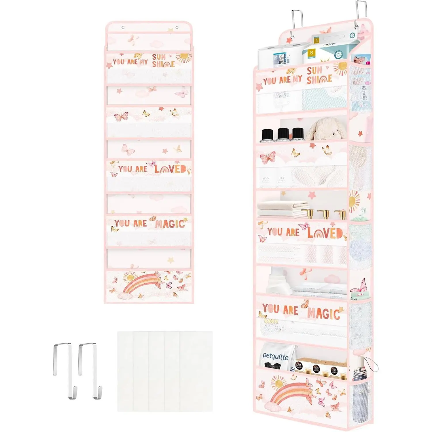 Over the Door Organizer Diaper Toy Nursery Shelf, Rainbow| Cloud Butterfly, 5-Tier Clear Window Mesh 44 lbs Weight Capacity, Behind Door, Bedroom Closet Pantry