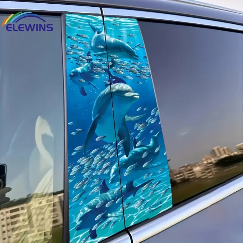 2pcs ELEWINS Dolphin B-Pillar Stickers - Vehicle Decor, Waterproof Uv-Resistant Vinyl Material, Scratch-Resistant Door Pillars, Turquoise Ocean Dolphin And Fish Design, 3D Effect, Easy to Peel And Stick, Removable Adhesive, Suitable for Cars