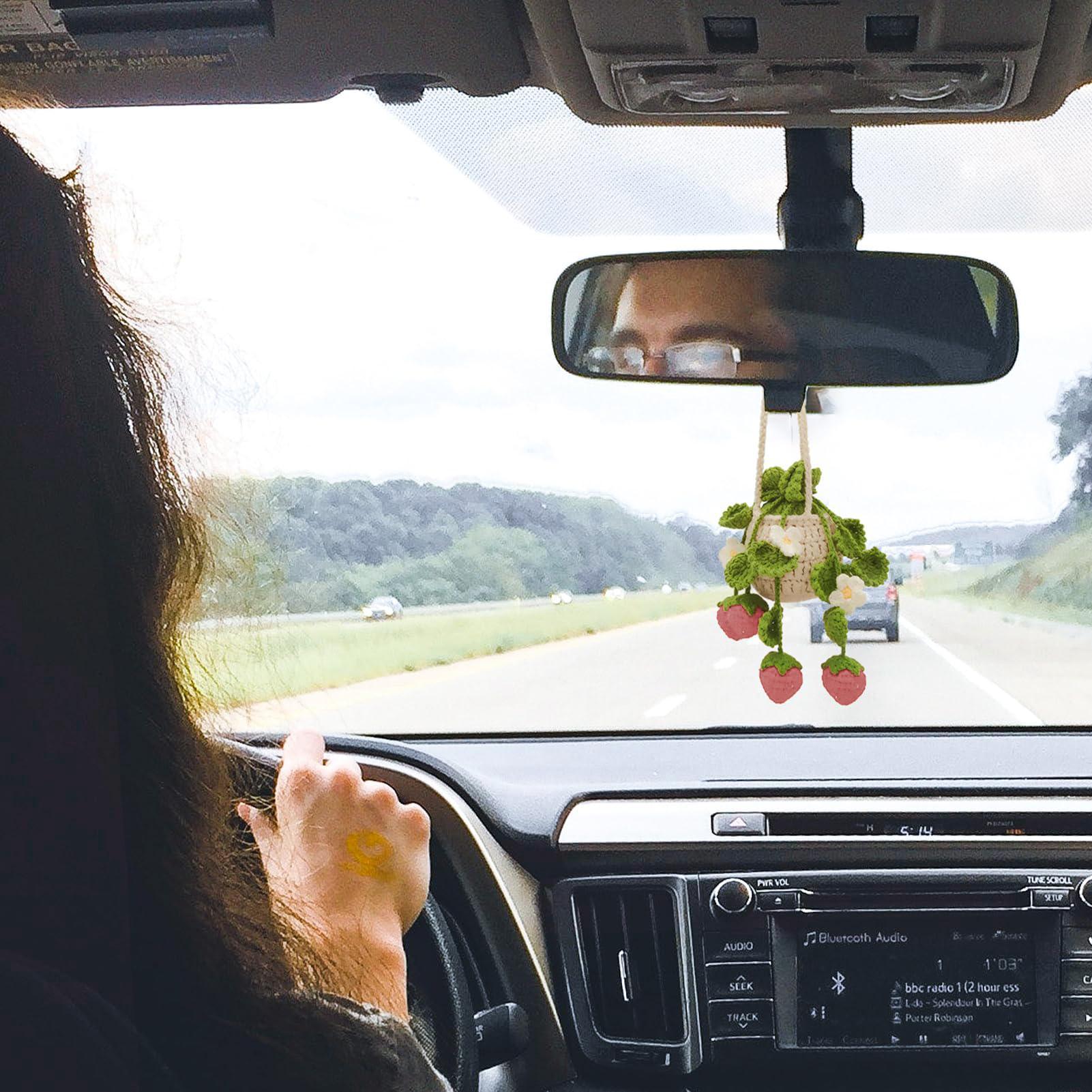 Cute Plant Crochet Rearview Mirror Accessories, Handmade Car Mirror Hanging Decorations, Women's Car Decoration Items