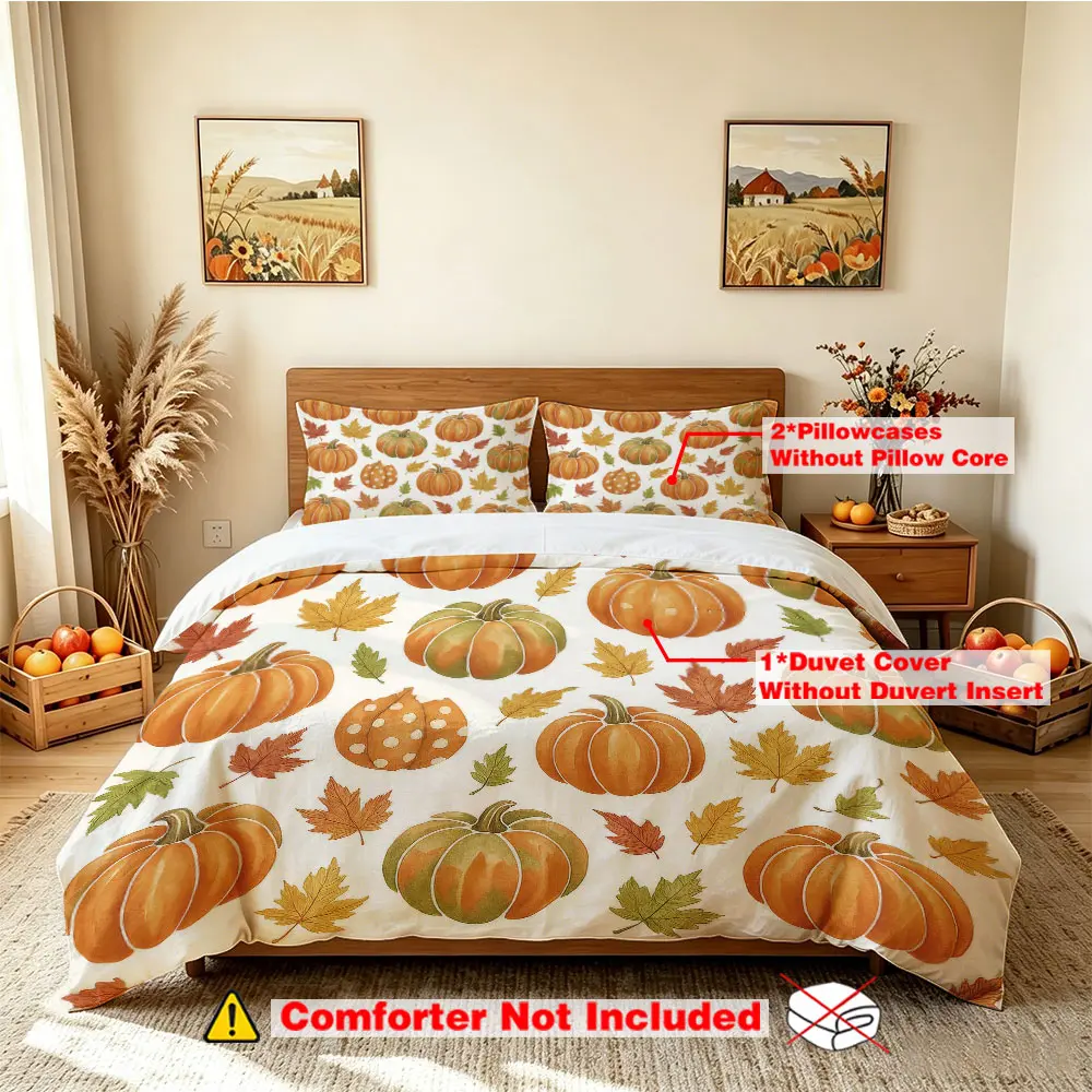three-piece bedding set (1 bedding cover + 2 pillowcases, no inner core) featuring a hand-painted pumpkin and maple leaf autumn harvest festival theme, suitable for hotel bedrooms, dormitories, single beds, and other occasions. It's also a great T