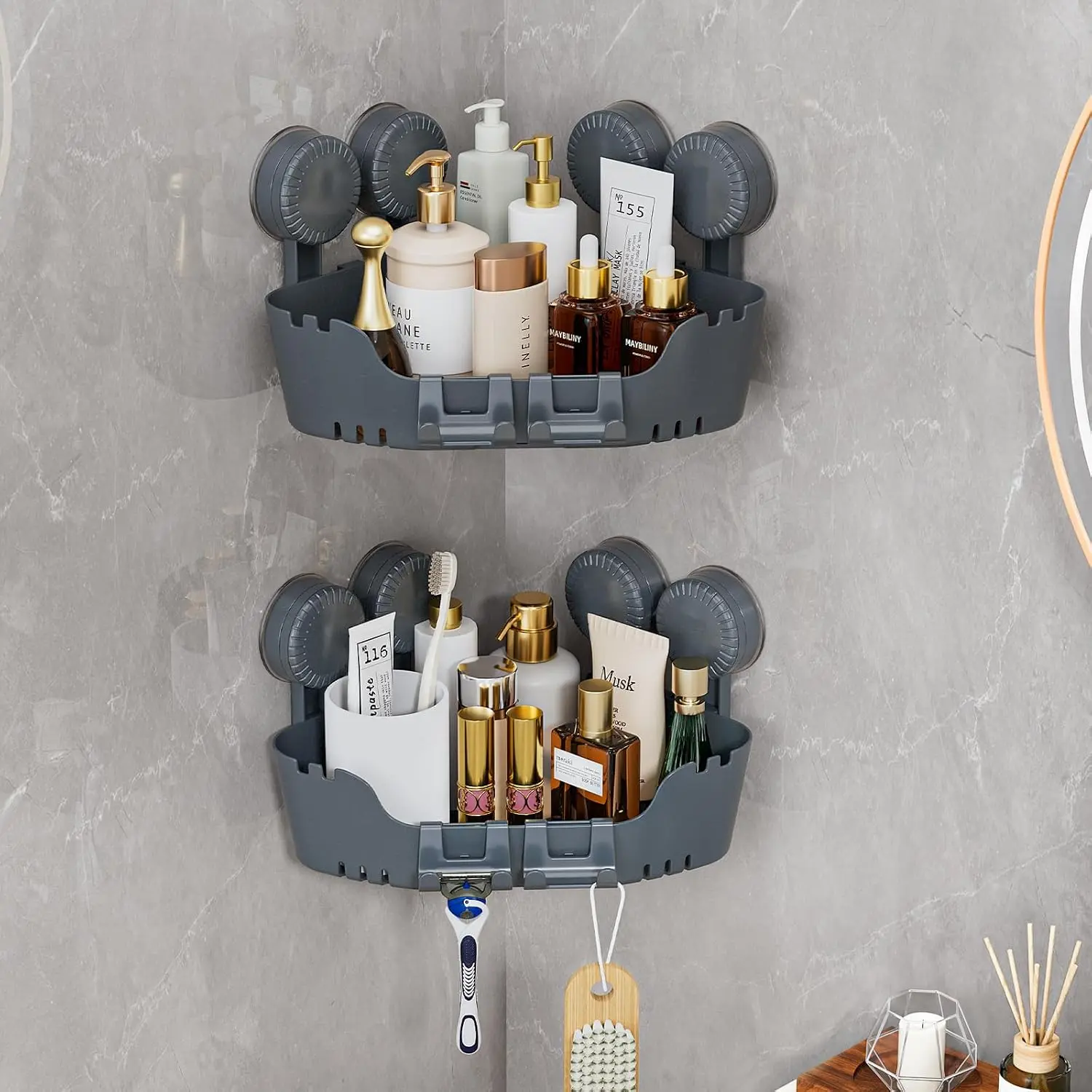 2-Pack Pearl Gray Corner Shower Caddy with 4 Suction Cups, No-Drill Wall-Mounted Bathroom Organizer with Hooks for Inside Shower,oral