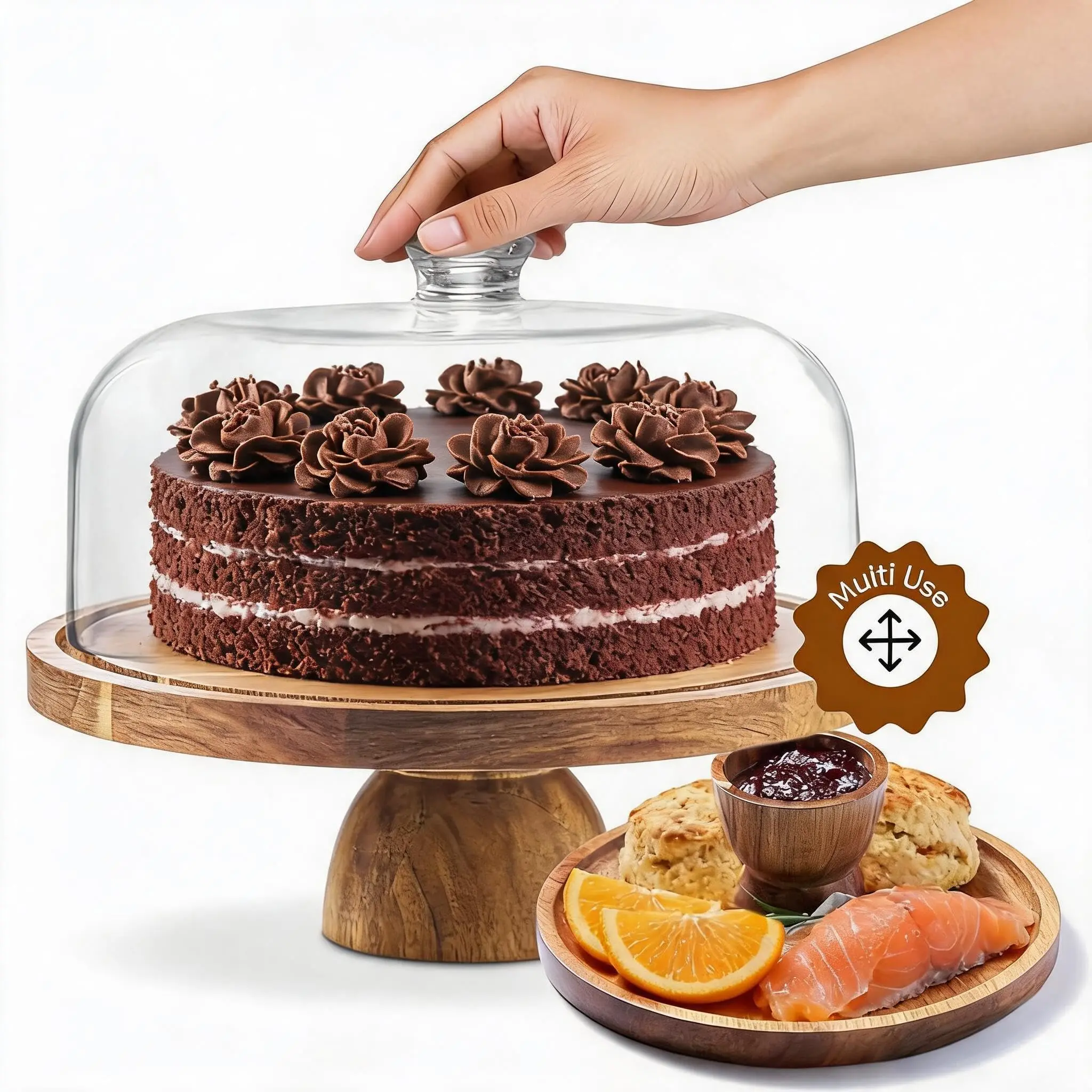 Garvee Acacia Wood Cake Stand with Shatterproof Acrylic Dome Lid – 12 Inch Round Wooden Serving Platter – 2-in-1 Deli Board Board & Dessert Display – For Cakes, Cheese, Fruit, Chips, Party Snacks