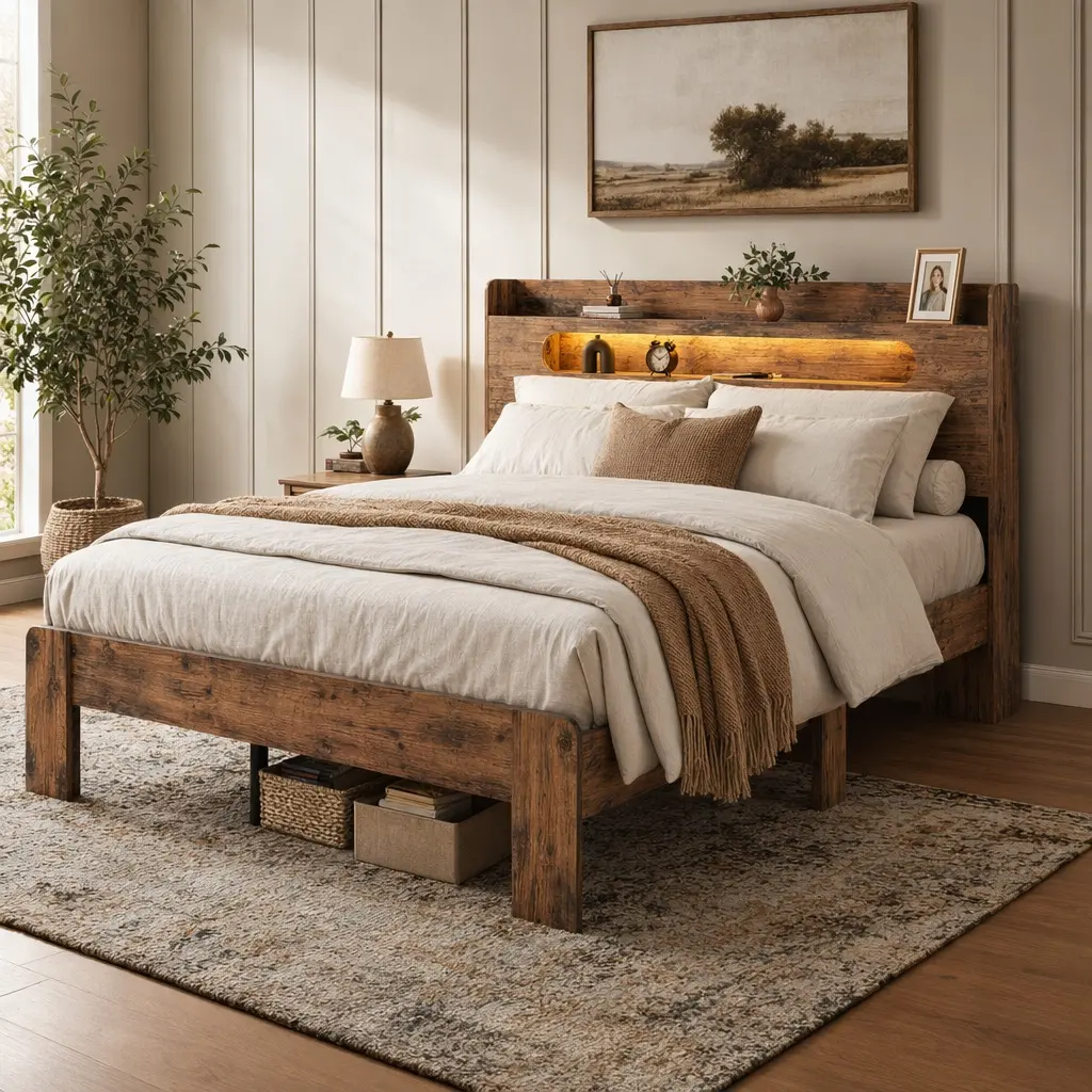 Queen Size Rustic Brown Farmhouse Wood Bed Frame with Storage Headboard, USB Ports & Outlets, LED Lights, No Box Spring Needed, Free Shipping