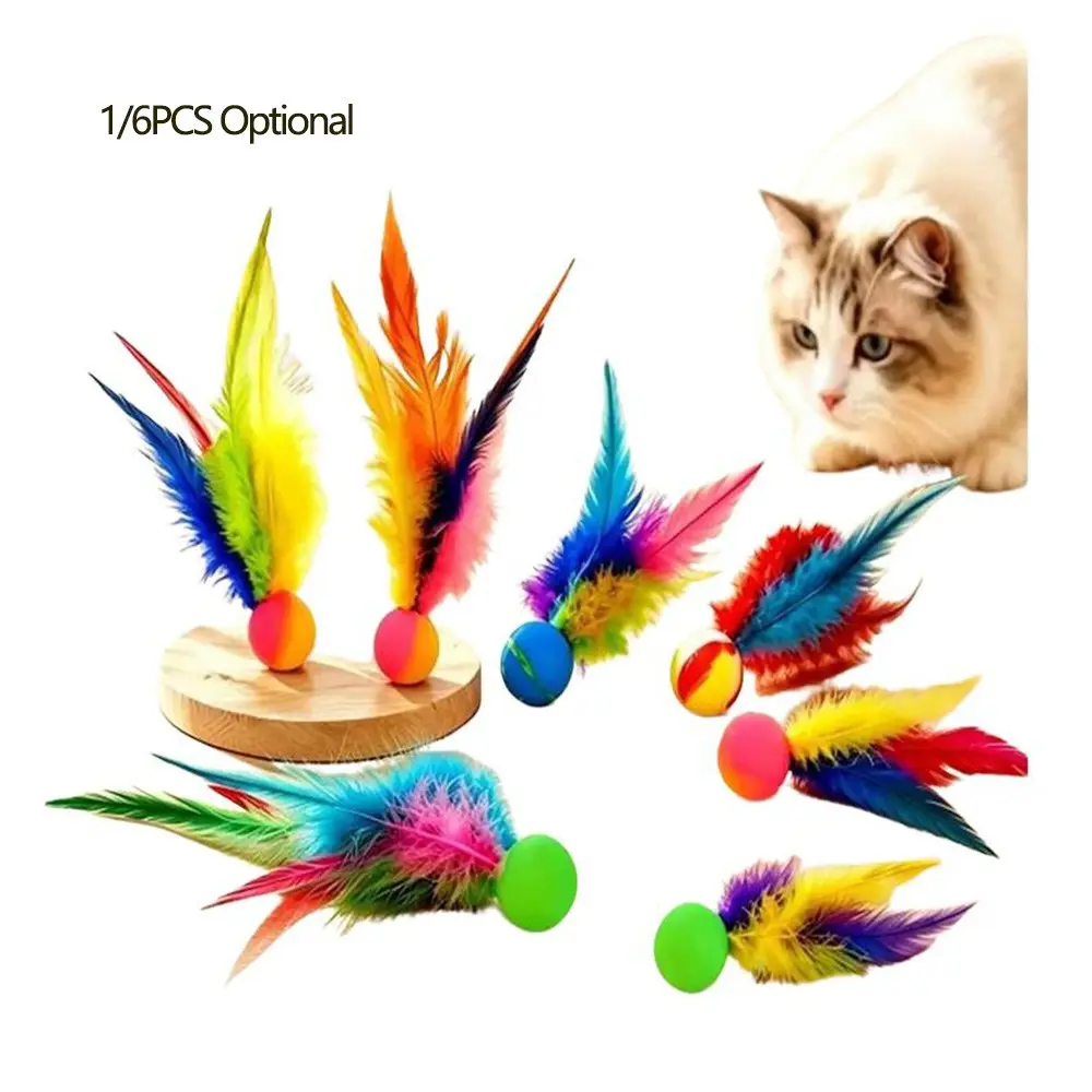 1/6 Pcs Colorful Feather Elastic Bounce Ball Cat Toy,  Luminous  Indoor Self‑Play Kitten Toy, Relieve Boredom & Burn Extra Energy, Night Interactive Play Toy, Pet Birthday Holiday Gift