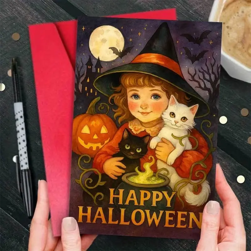 Cute Witch & Cats Halloween Greeting Card, Magical Witch Hat, Happy Halloween Lettering, Party Invitations, Spooky Season Gifts