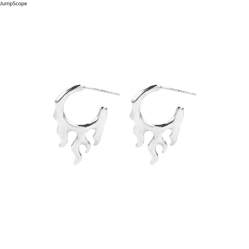 Women's Minimal Silver C-Shaped Hoop Stud Earrings - MDF-Steel, Irregular Flame Design, Abstract Look, INS Trendy Cool Aesthetic Cross-Border Statement Jewelry for Indoor Leisure Recreation