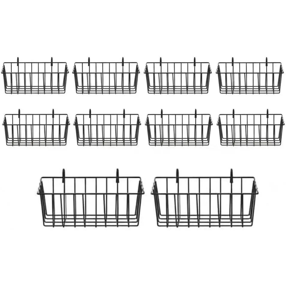 10 PCS Grid Wall Baskets and Bins, No Drilling Small Hook Basket Set for Wall Grid Panel, Wire Storage Basket for Kitchen Bathroom Home Decor Supplies, Black