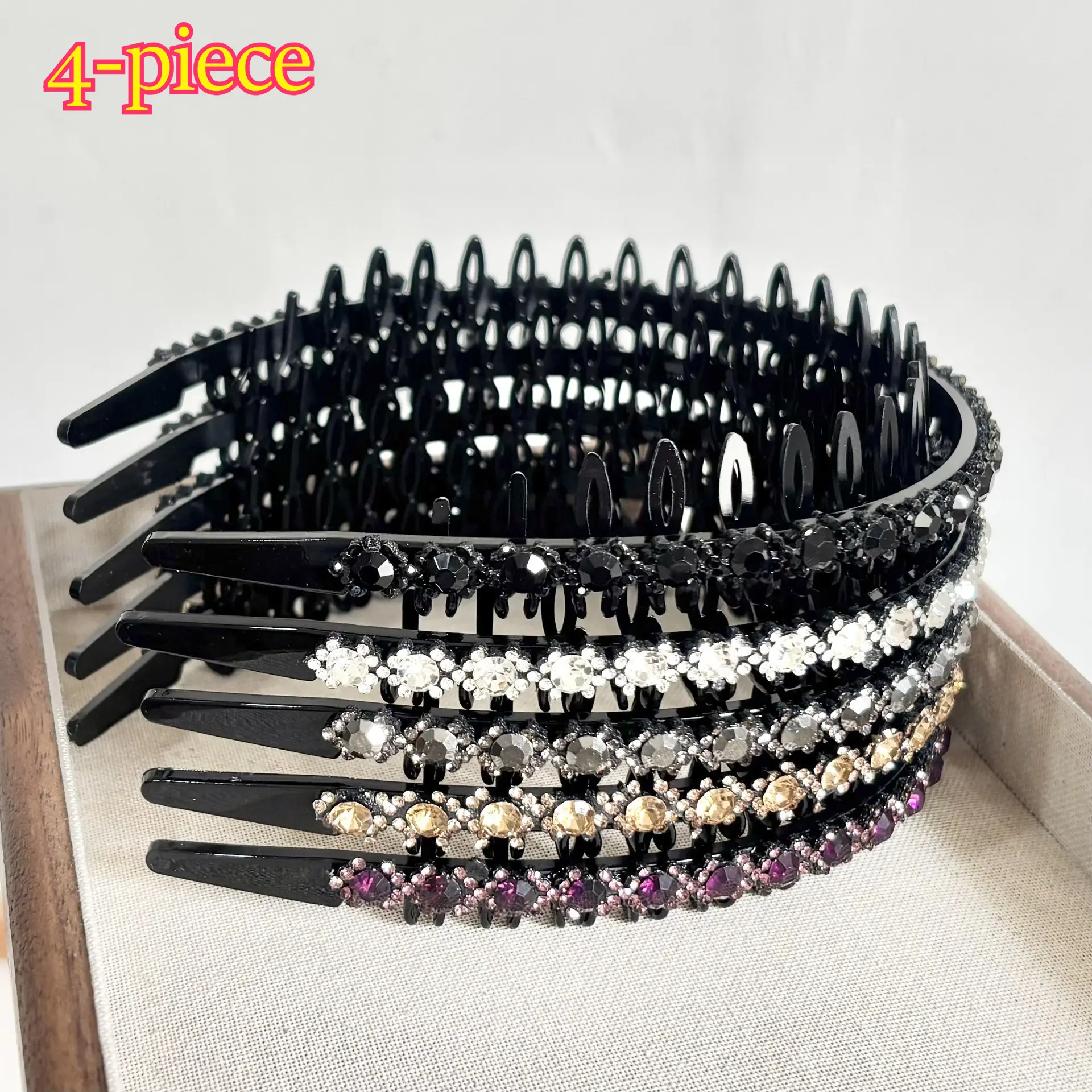 4Pcs Elegant Rhinestone Headbands for Women Sparkly Crystal Teeth Comb Hairband Wave Non Slip Hard Plastic Hair Hoop Bling Diamond Headwear Hair Accessories Daily Makeup Face Washing Birthday Party Styling Gift Set