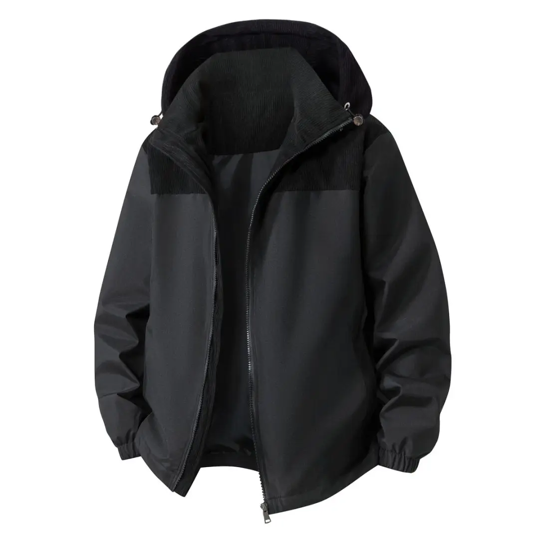 Men Corduroy Spliced Hooded Windbreaker Jacket, Solid Black Full Zip Casual Outerwear with Adjustable Drawstring Hood, Elastic Cuffs Lightweight Windproof Street Coat for Daily Outdoor
