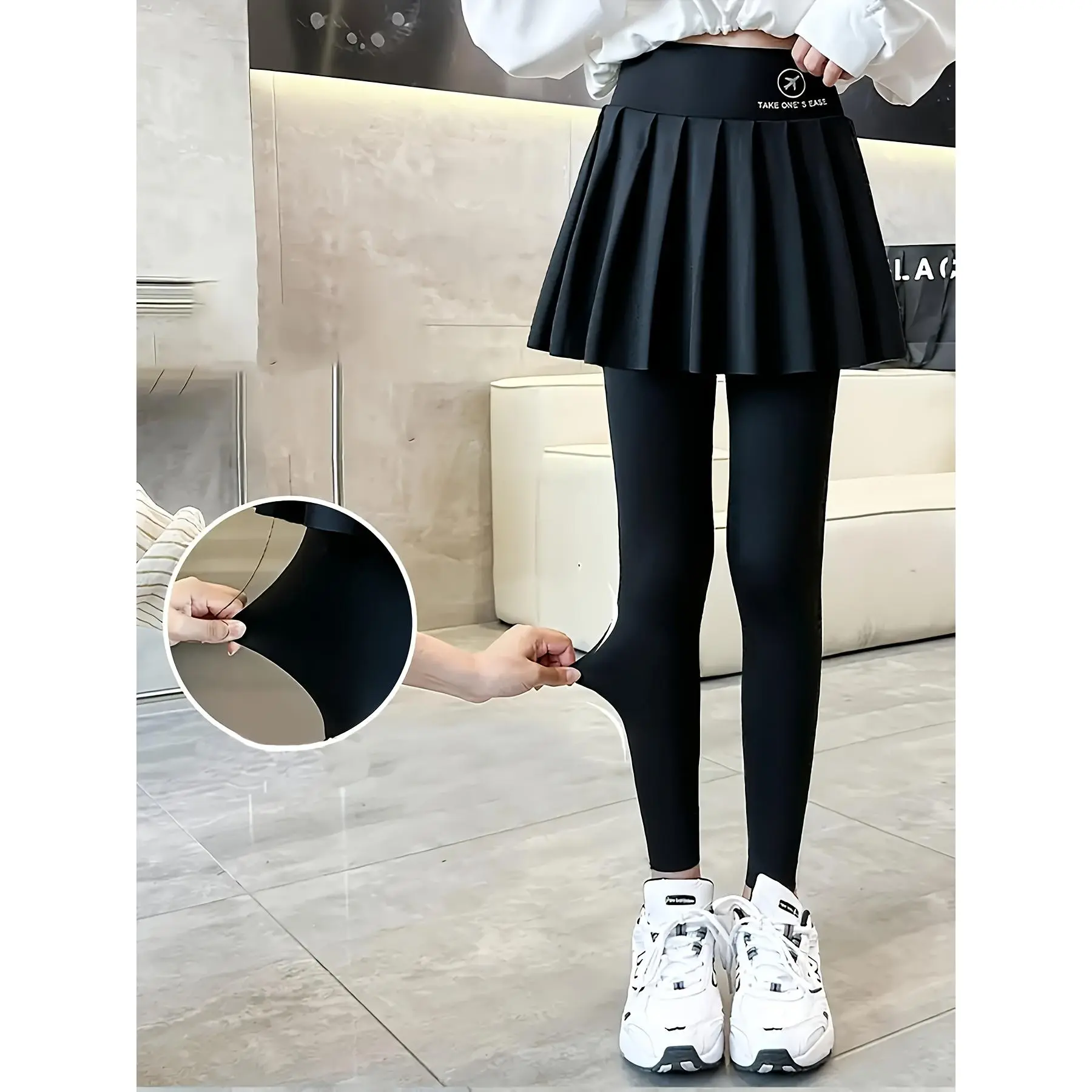Girls' Faux 2-Piece Pleated Skirt Pants - Spring/Autumn Mid-to-Large Size Tight Elastic Yoga Leggings (Kids' Casual Athletic Bottoms)